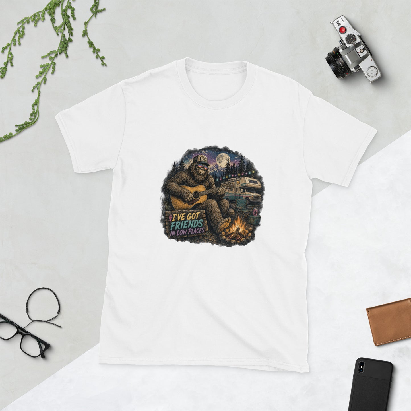 Bigfoot design on White Gildan 64000 t-shirt