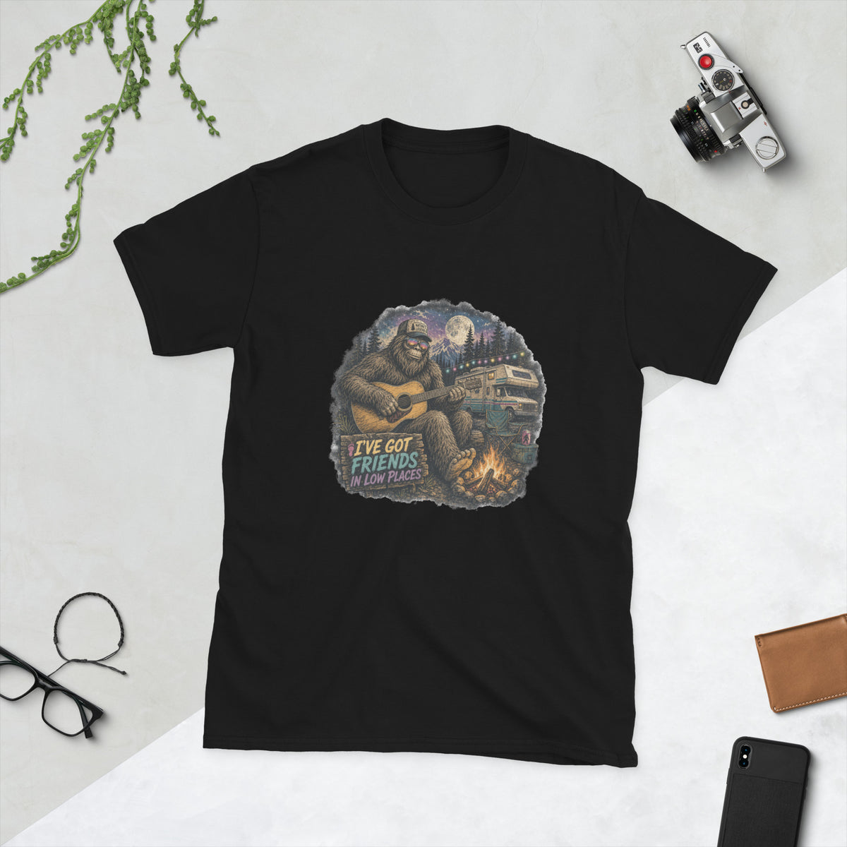 Bigfoot design on Black Gildan 64000 t-shirt