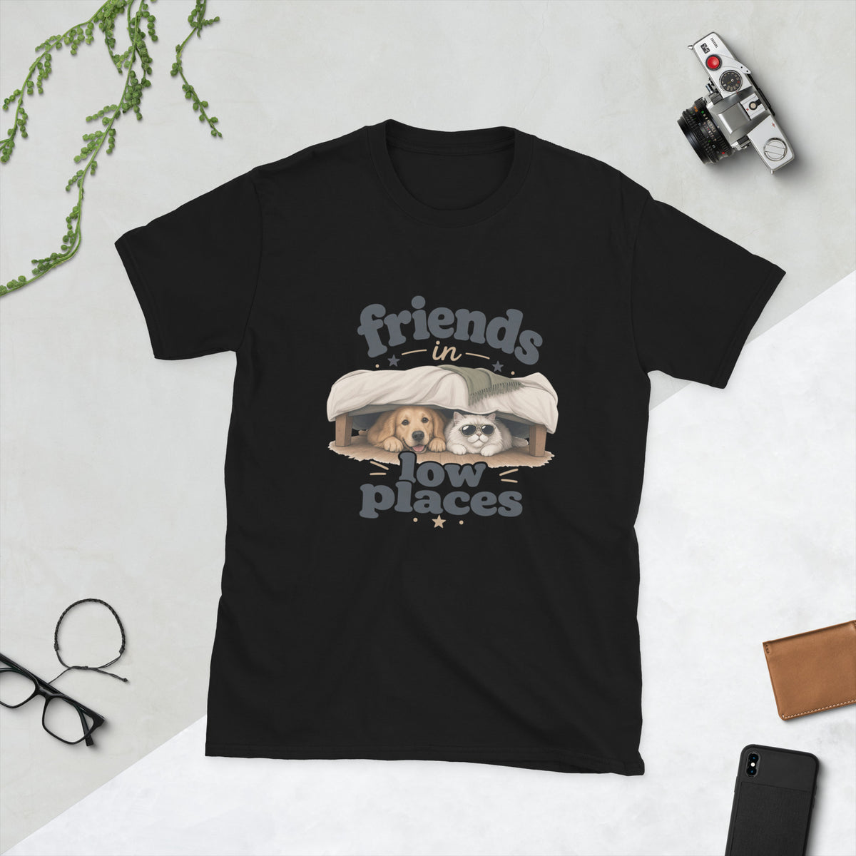 Cat and Dog design on Black Gildan 64000 t-shirt