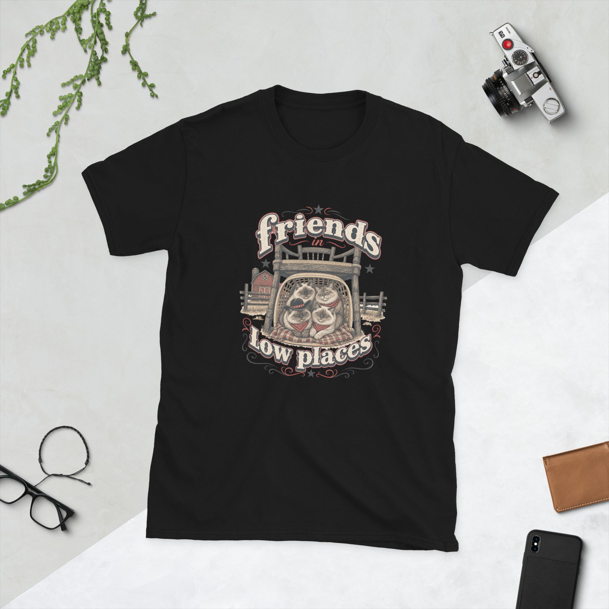 Friends in low places cats AI art design on Black Gildan 64000 t-shirt - Front view