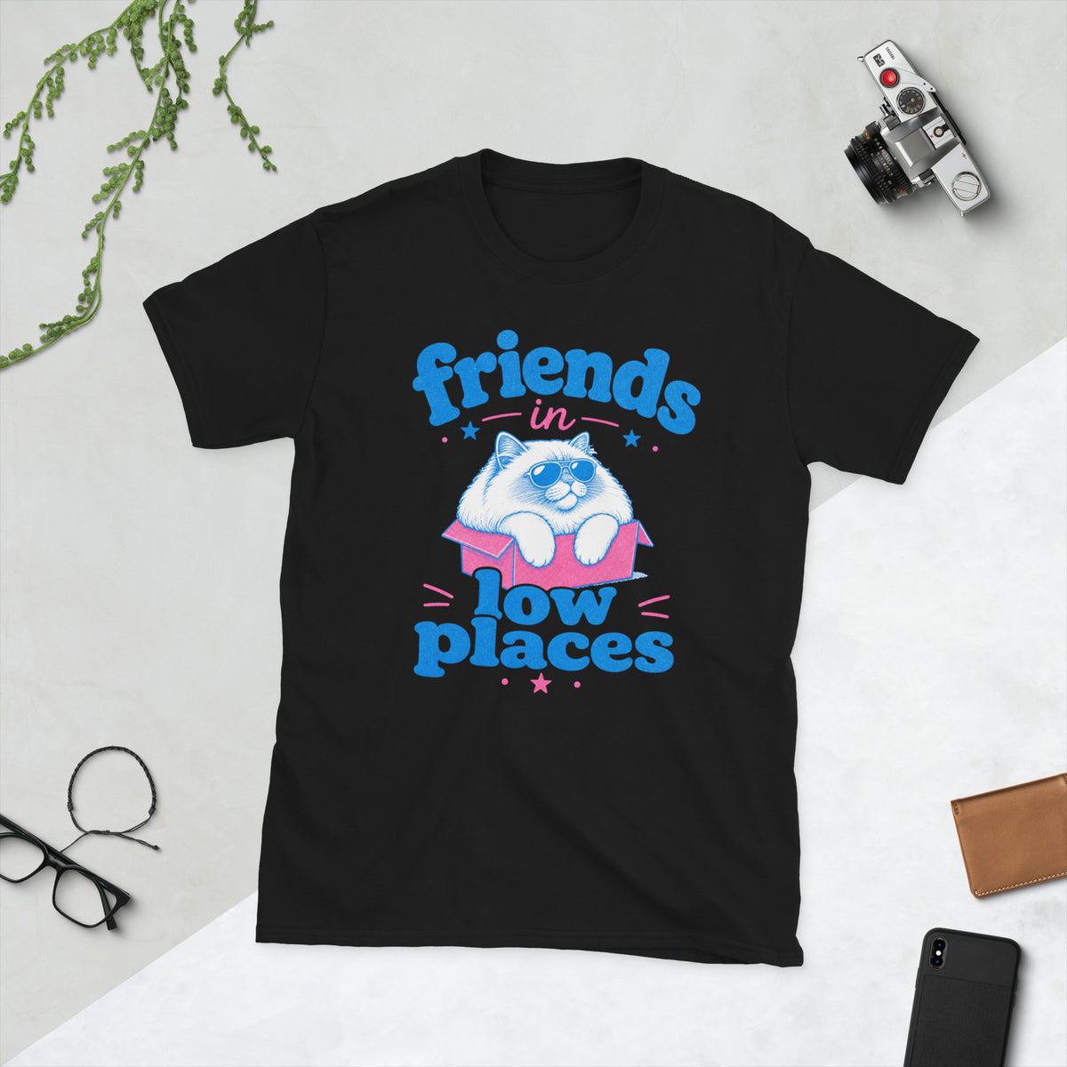 Retro Cat in Low Places AI art design on Black Gildan 64000 t-shirt - Front view