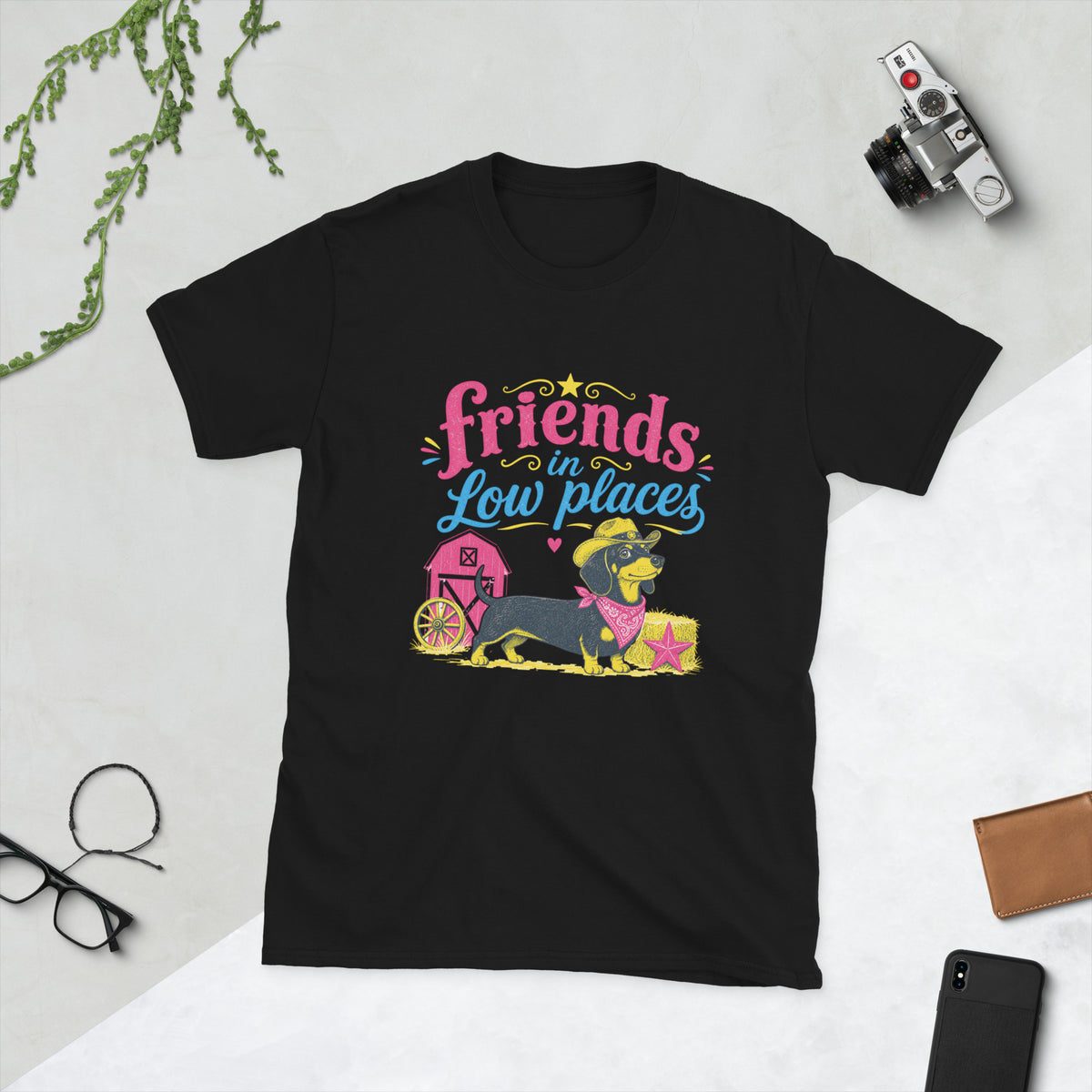 Dachshund Retro AI art design on Black Gildan t-shirt - Front view