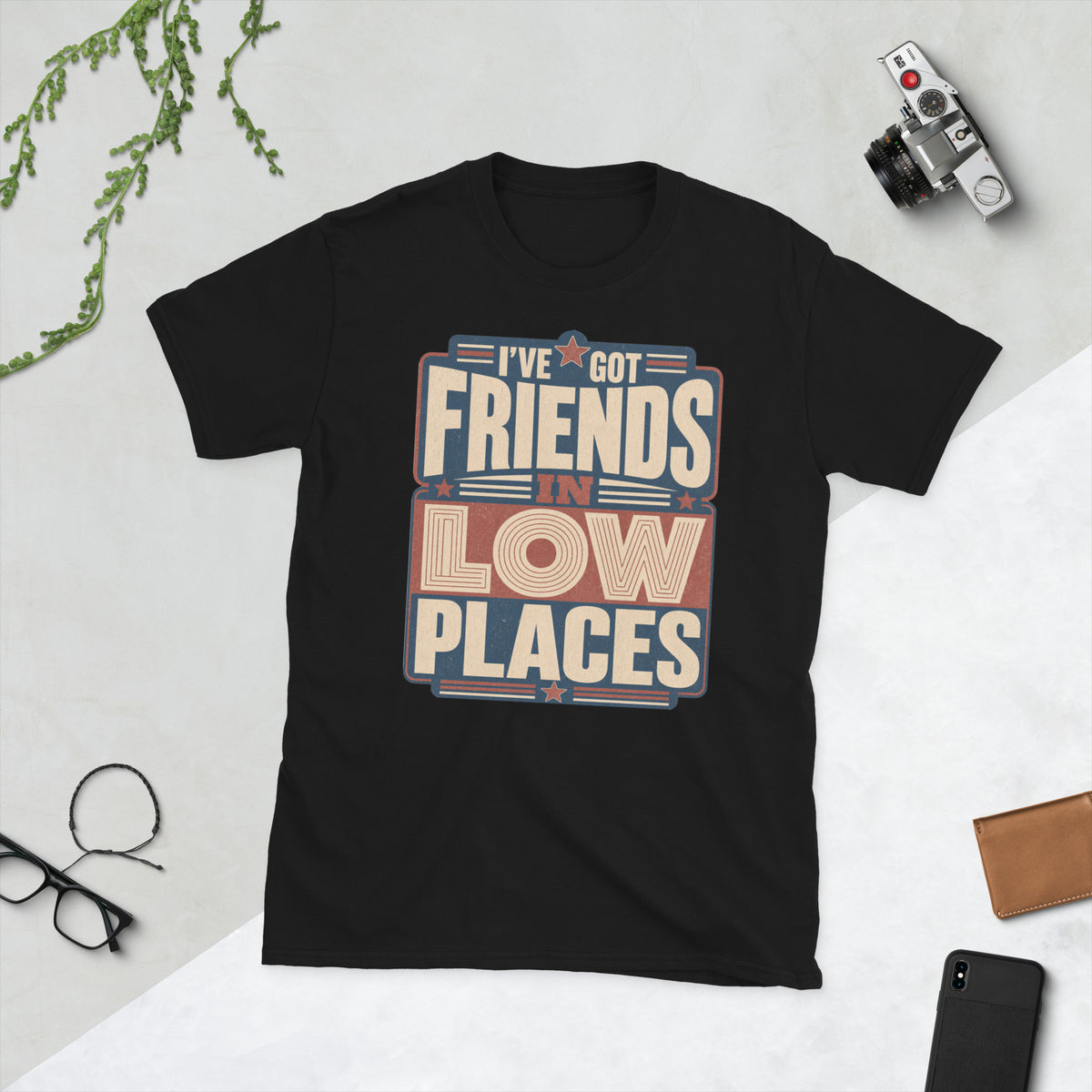 80s Style Friends in Low Places AI art design on Black Gildan t-shirt - Front view