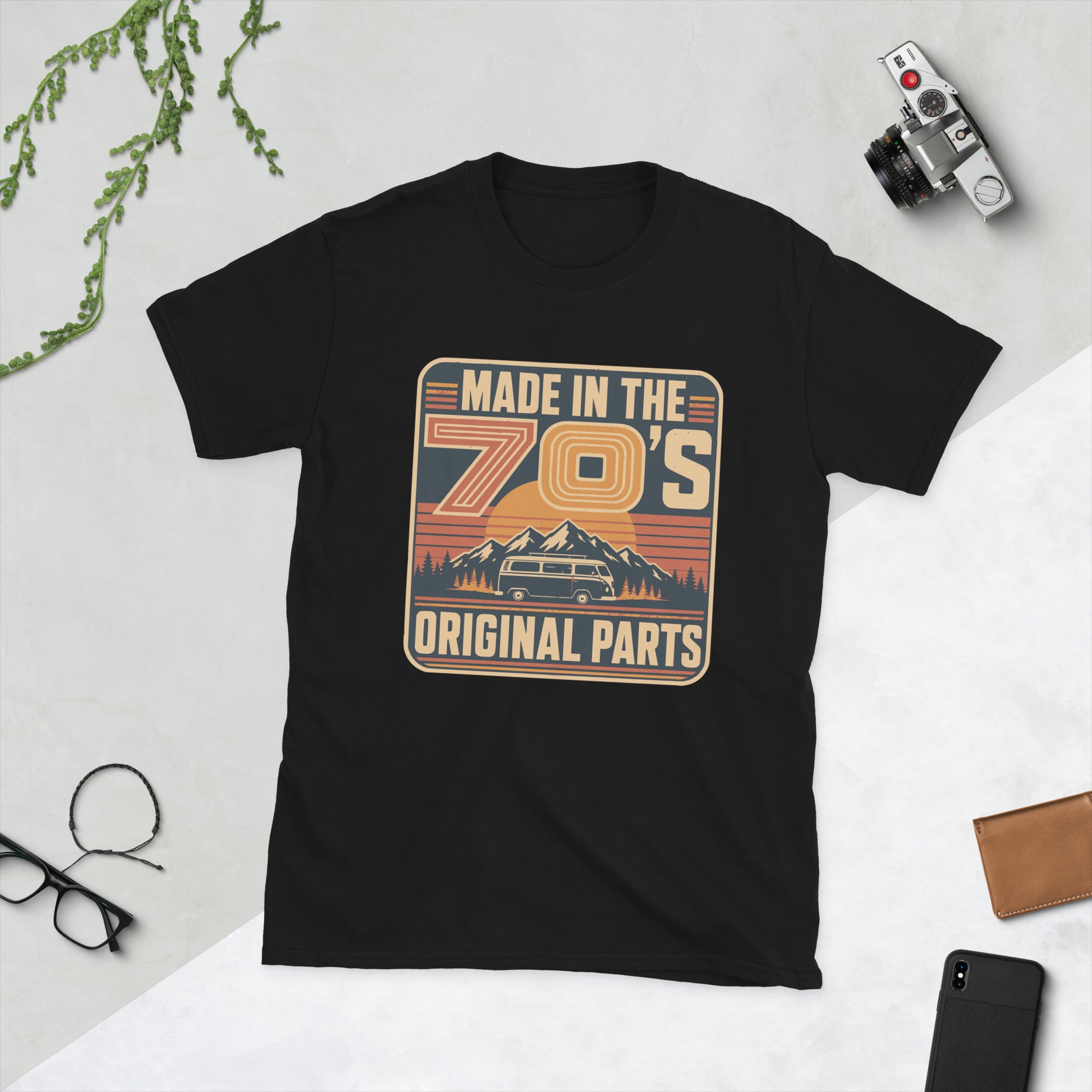 Made in the 70s Campervan T-Shirt AI art design on Black Gildan 64000 t-shirt - Front view