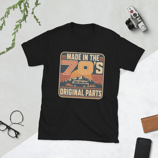 Made in the 70s Campervan T-Shirt AI art design on Black Gildan 64000 t-shirt - Front view