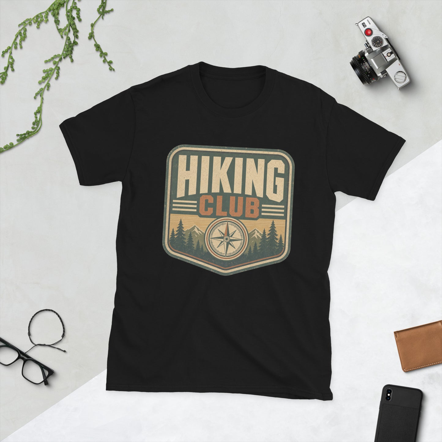 Hiking Retro Adventure T-Shirt AI art design on Black Gildan 64000 t-shirt - Front view