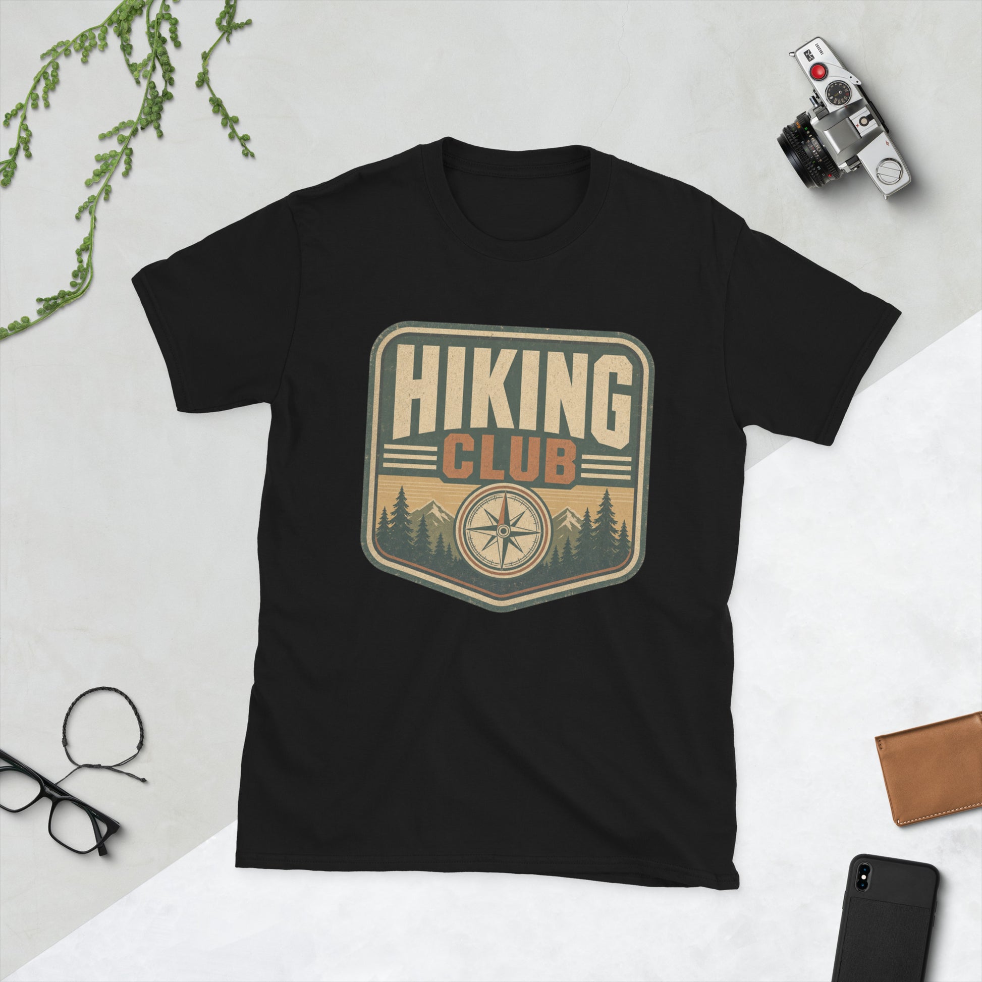 Hiking Retro Adventure T-Shirt AI art design on Black Gildan 64000 t-shirt - Front view