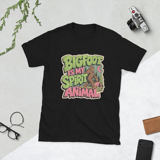 Bigfoot Spirit Animal T-Shirt AI art design on Black Gildan t-shirt - Front view