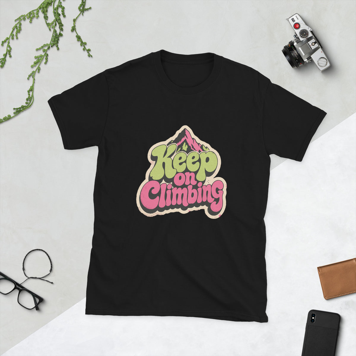 Keep On Climbing T-Shirt AI art design on Black Gildan t-shirt - Front view