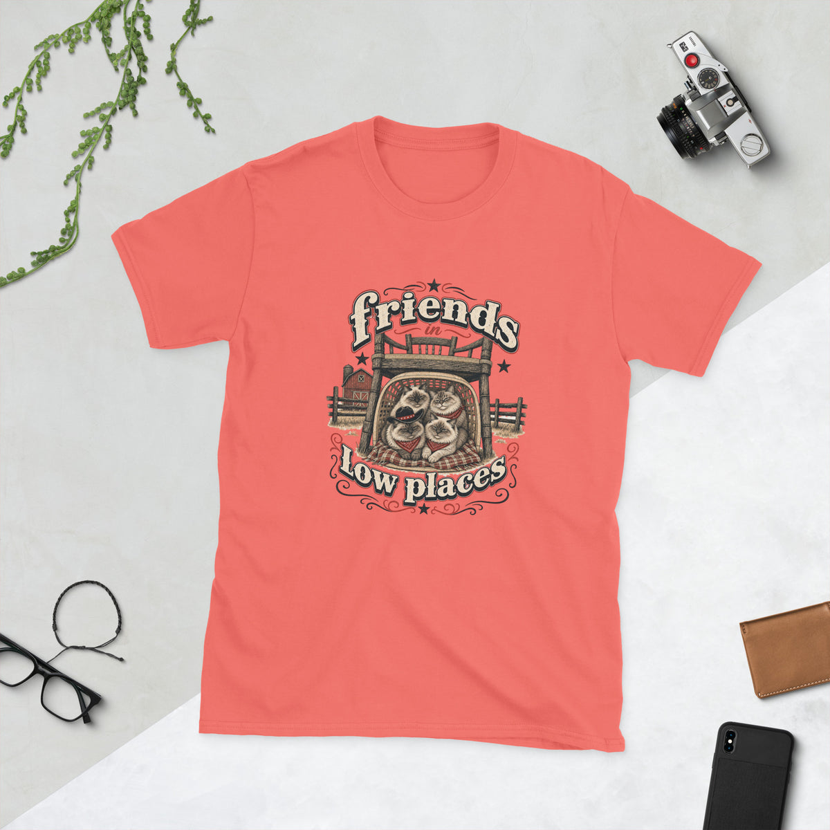Friends in low places cats AI art design on Coral Silk Gildan 64000 t-shirt - Front view