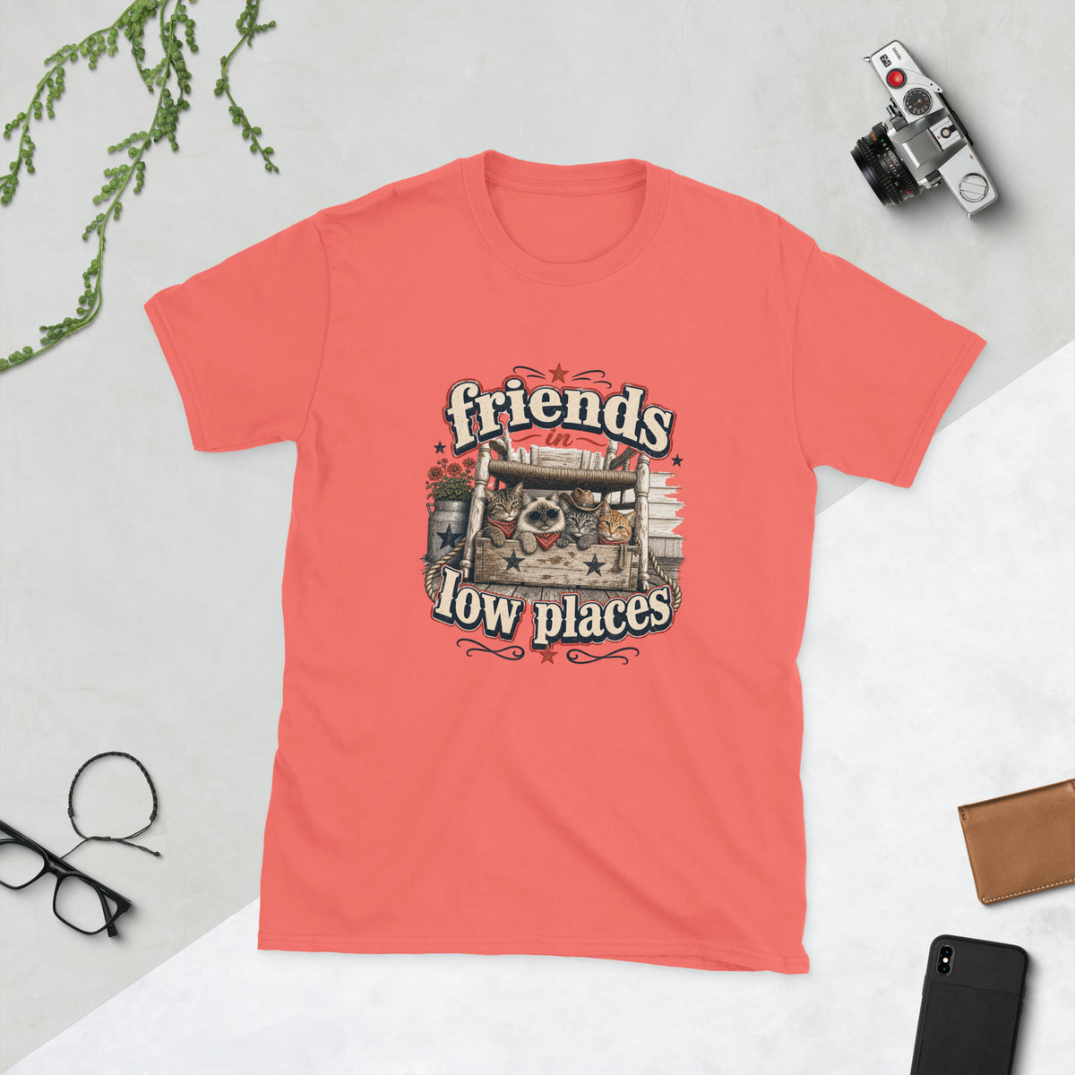 Cats under chair AI art design on Coral Silk Gildan 64000 t-shirt - Front view