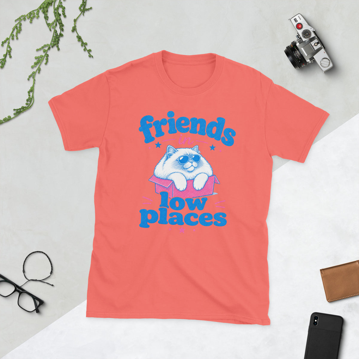 Retro Cat in Low Places AI art design on Coral Silk Gildan 64000 t-shirt - Front view