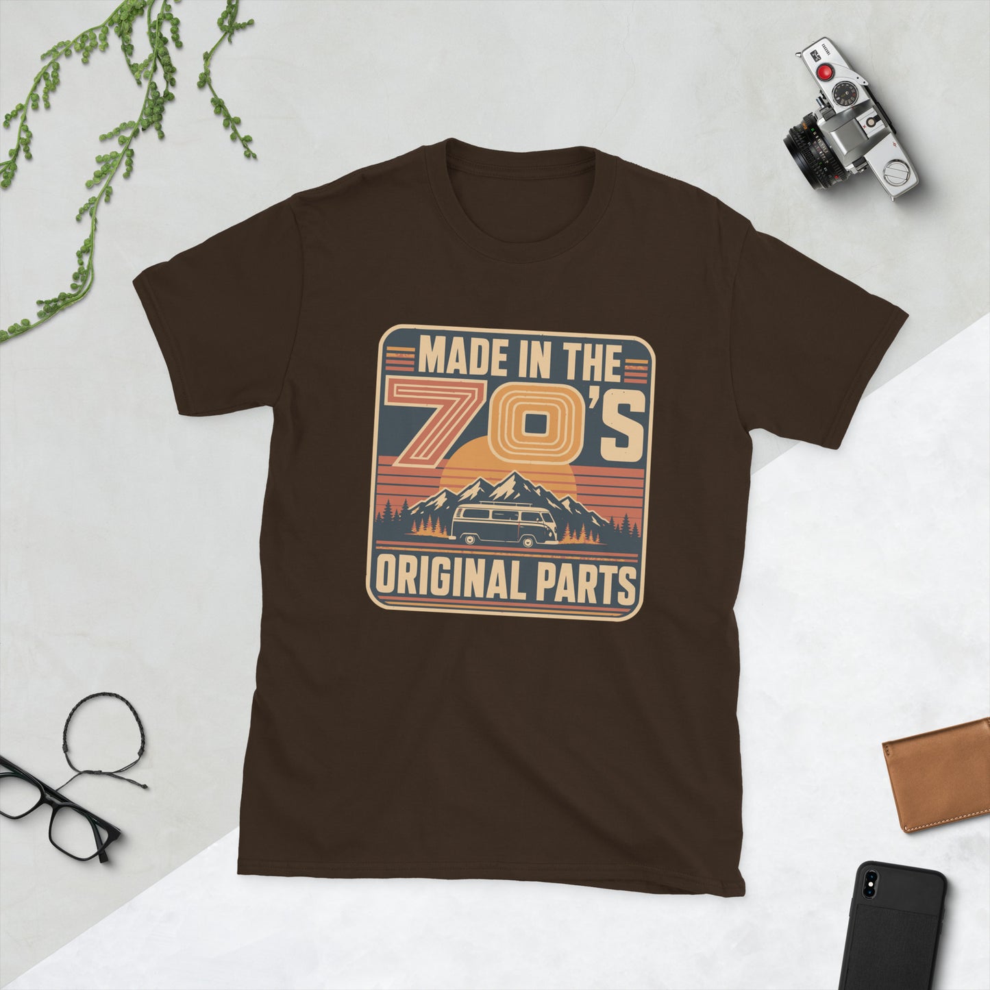 Made in the 70s Campervan T-Shirt AI art design on Black Gildan 64000 t-shirt - Front view
