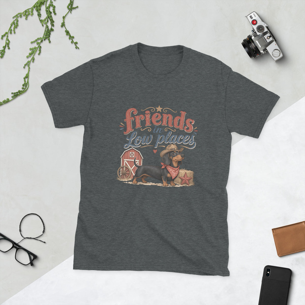 Dachshund design on Dark Heather Gildan 64000 t-shirt