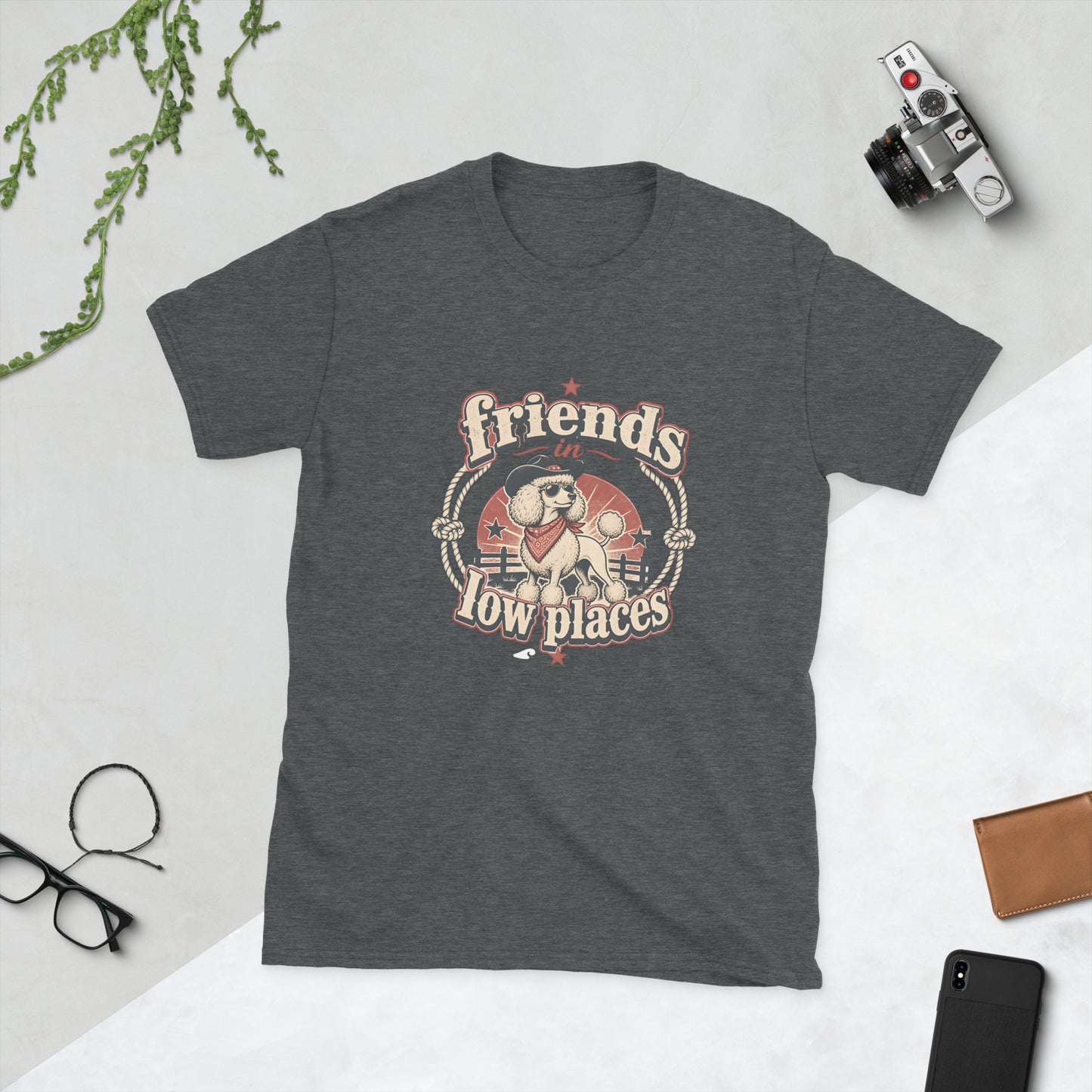 Poodle design on Dark Heather Gildan 64000 t-shirt