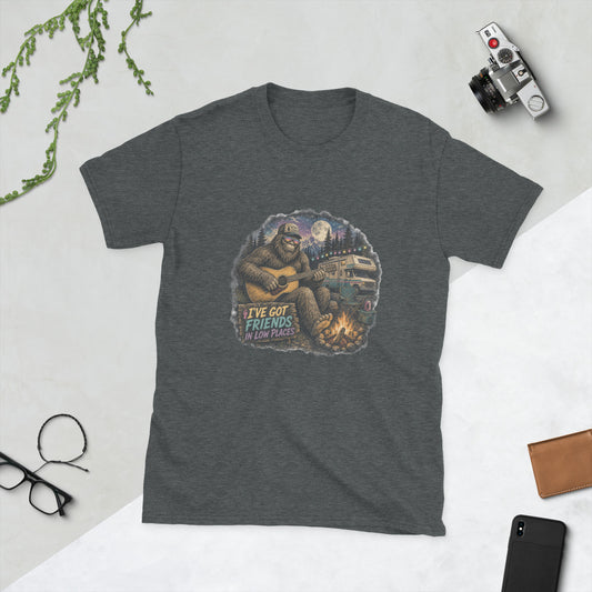 Bigfoot design on Dark Heather Gildan 64000 t-shirt