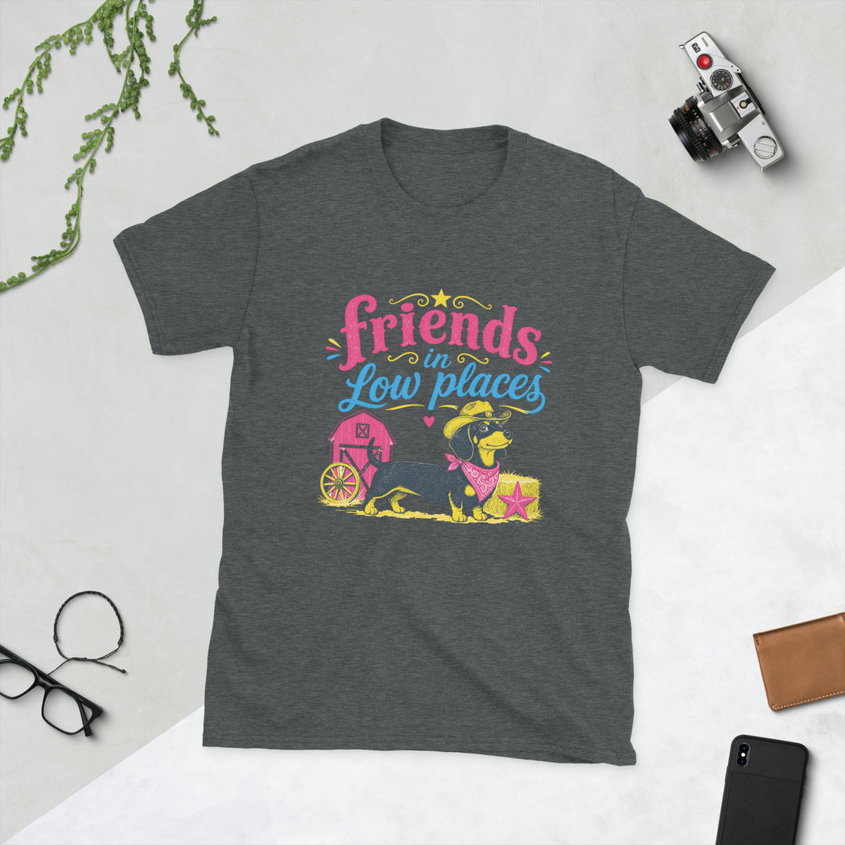 Dachshund Retro AI art design on Dark Heather Gildan t-shirt - Front view