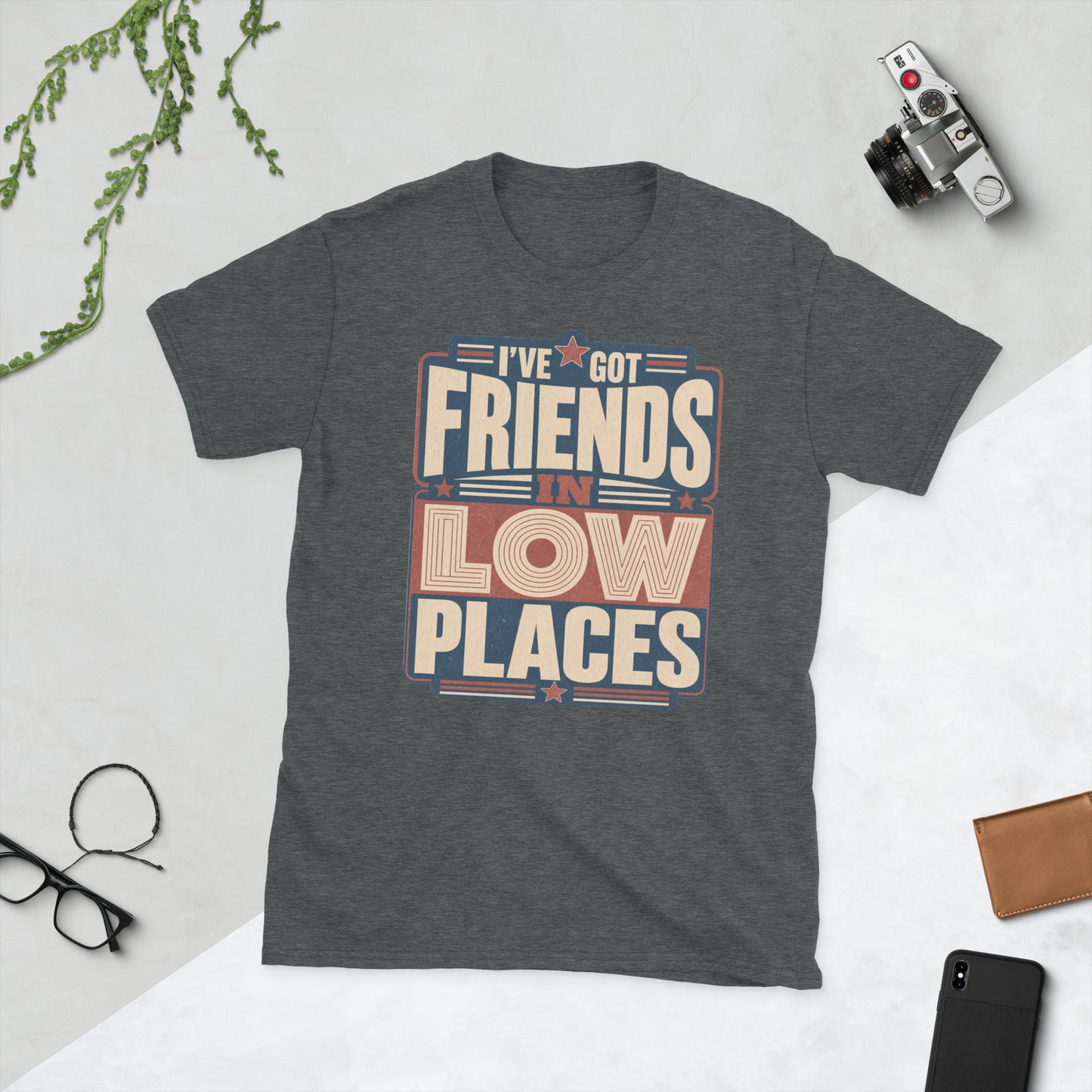 80s Style Friends in Low Places AI art design on Dark Heather Gildan t-shirt - Front view