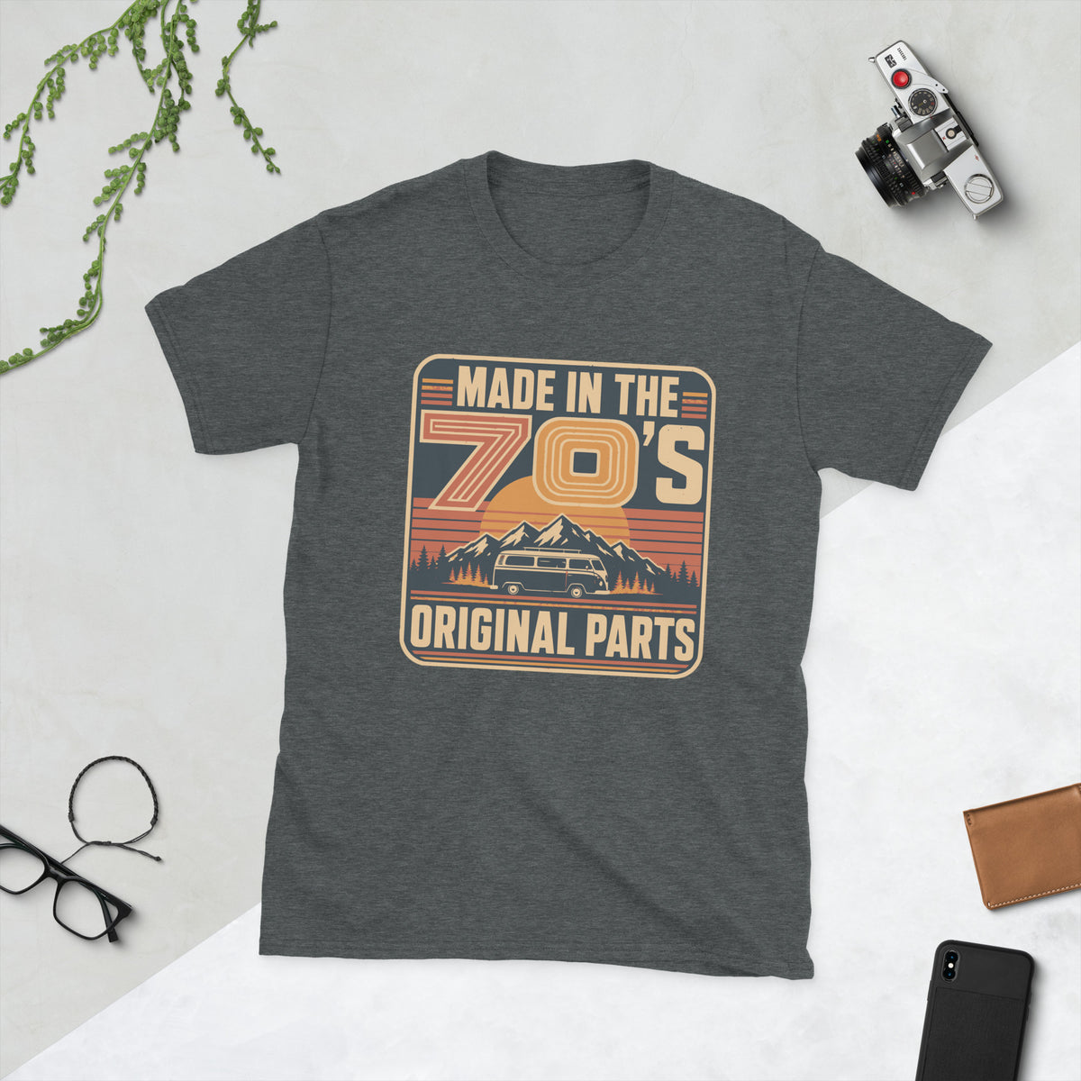 Made in the 70s Campervan T-Shirt AI art design on Dark Heather Gildan 64000 t-shirt - Front view