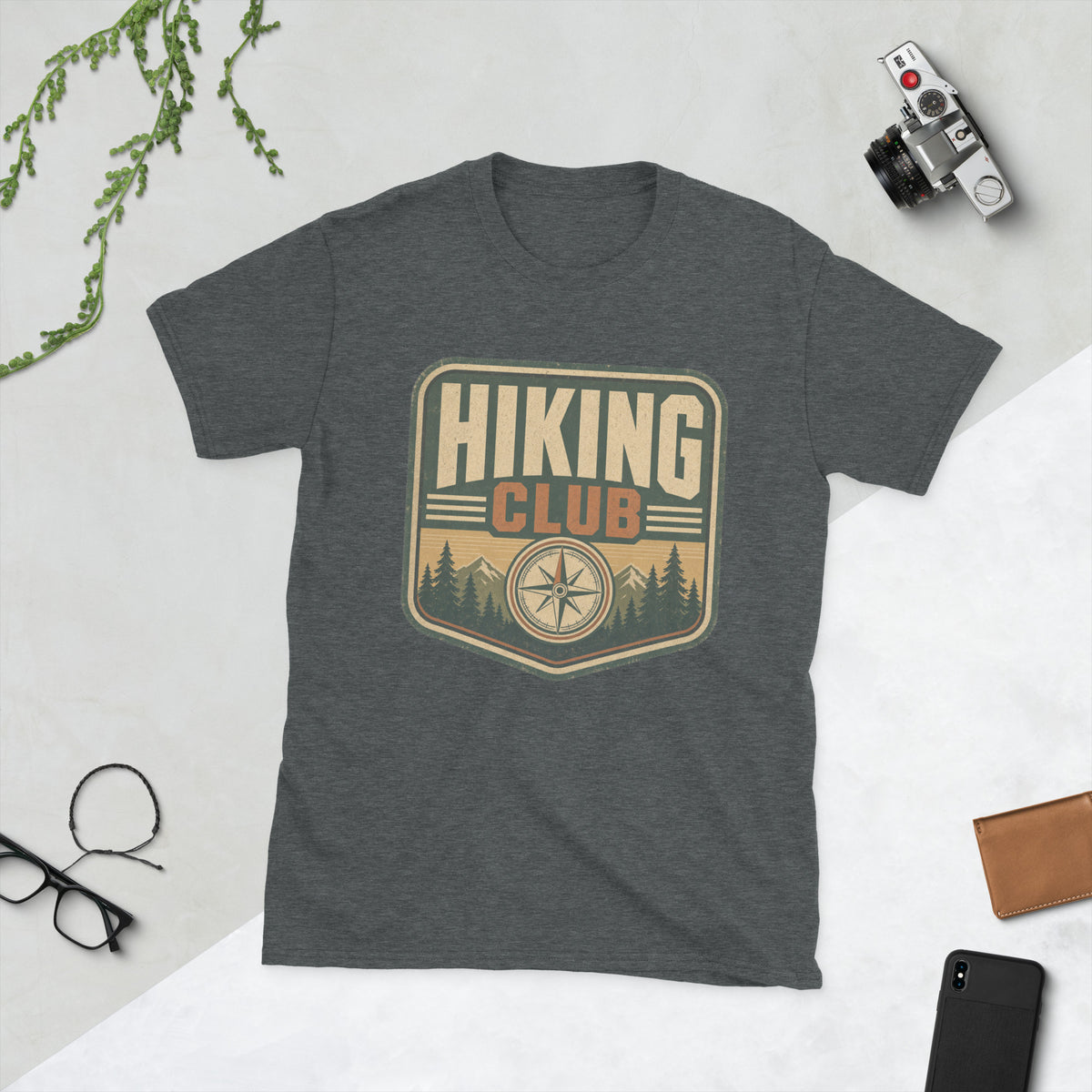 Hiking Retro Adventure T-Shirt AI art design on Dark Heather Gildan 64000 t-shirt - Front view
