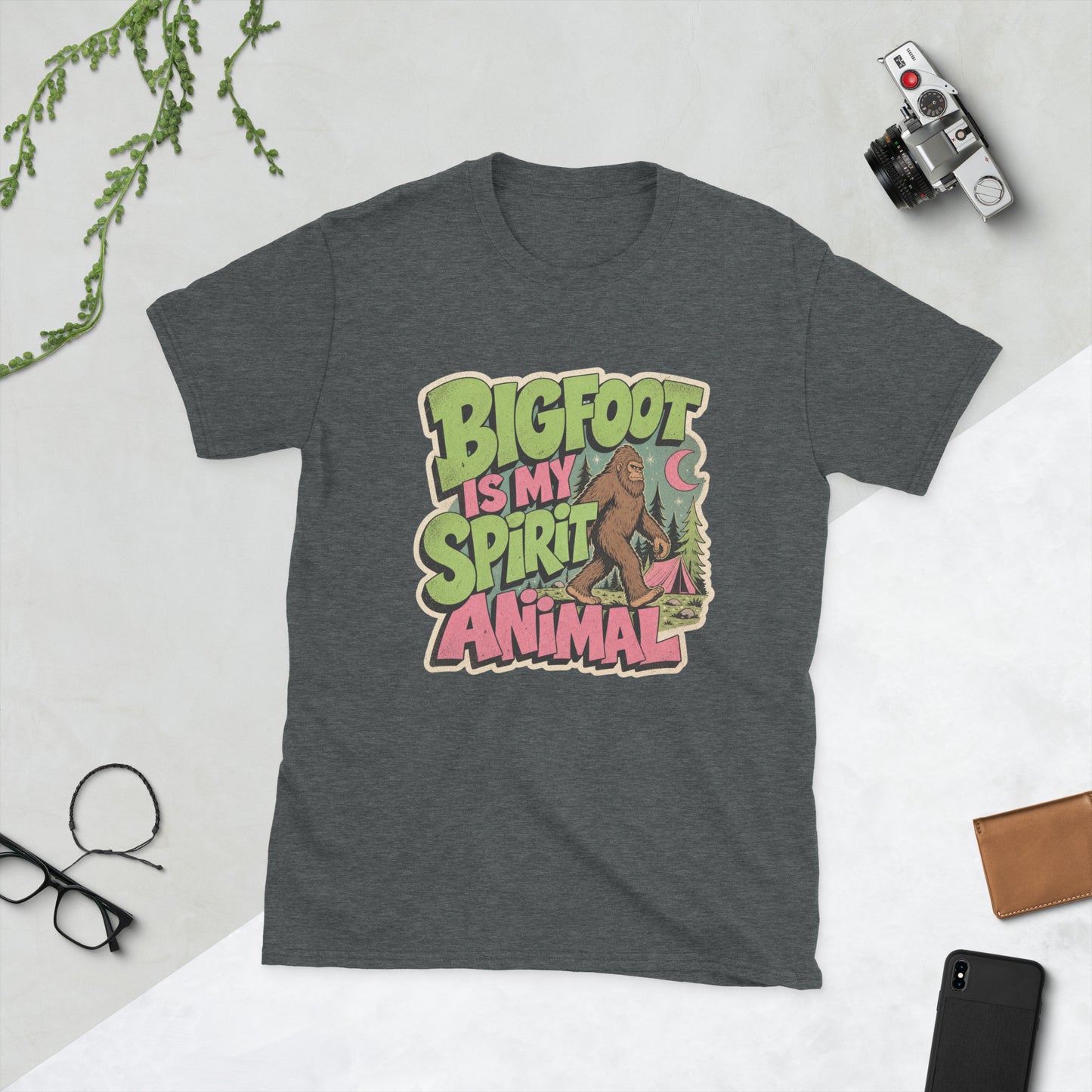 Bigfoot Spirit Animal T-Shirt AI art design on Dark Heather Gildan t-shirt - Front view