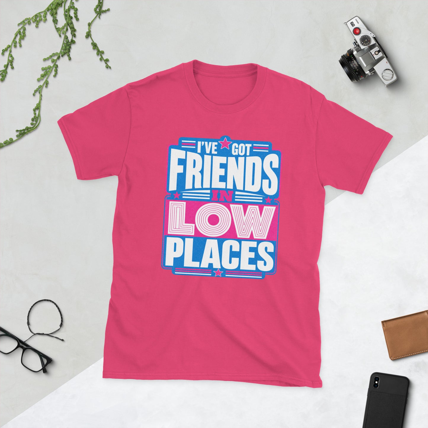 Retro Friends in Low Places AI art design on Black Gildan t-shirt - Front view
