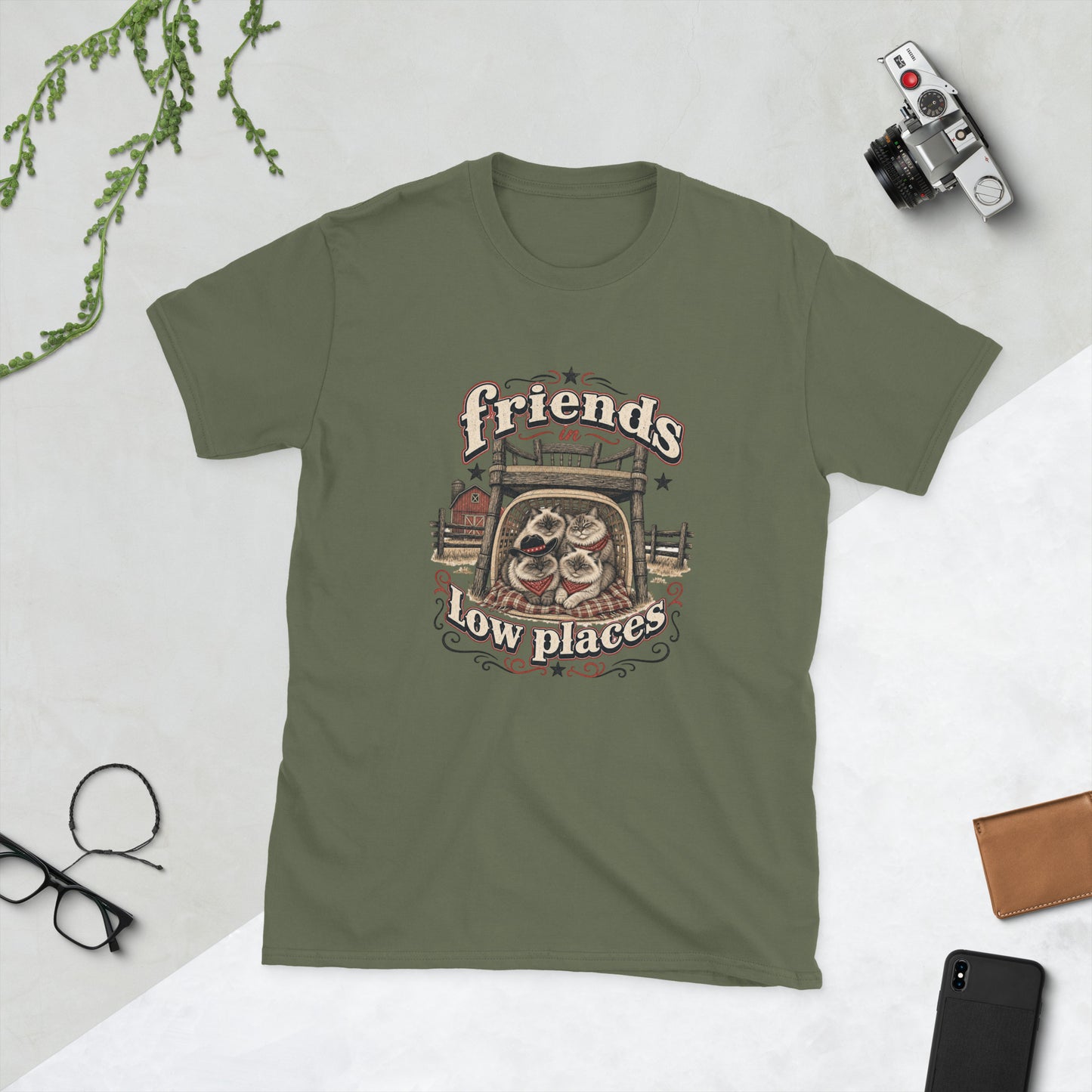 Friends in low places cats AI art design on Military Green Gildan 64000 t-shirt - Front view