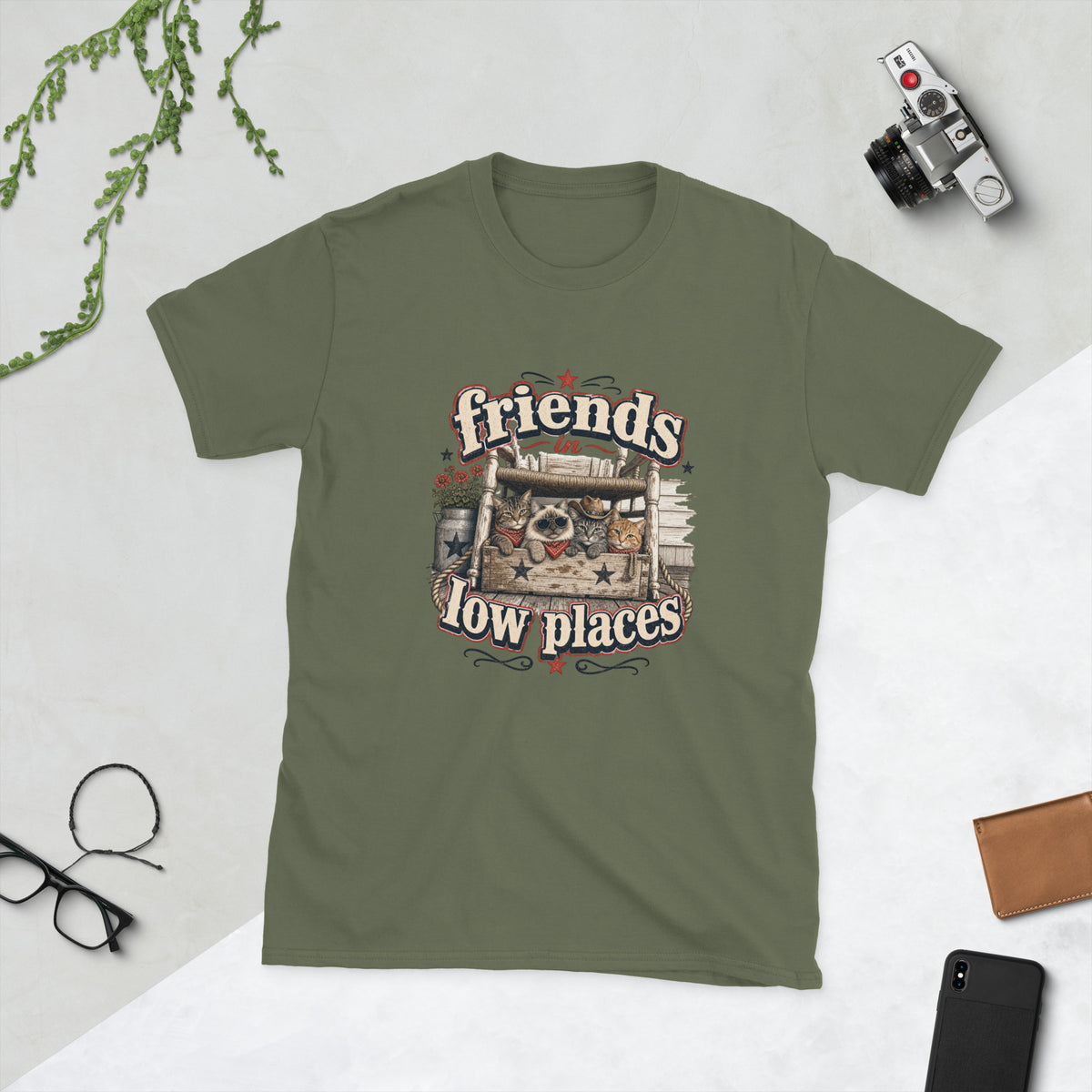 Cats under chair AI art design on Military Green Gildan 64000 t-shirt - Front view