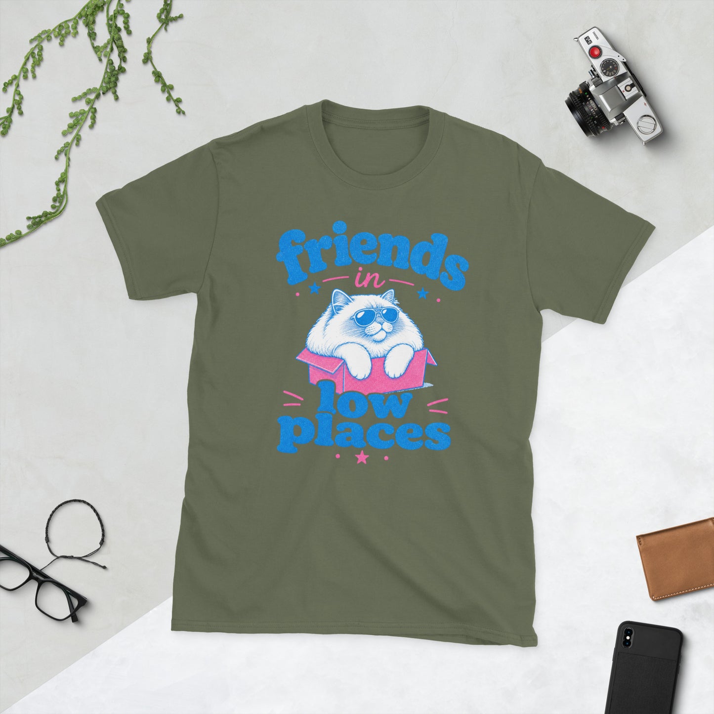 Retro Cat in Low Places AI art design on Military Green Gildan 64000 t-shirt - Front view