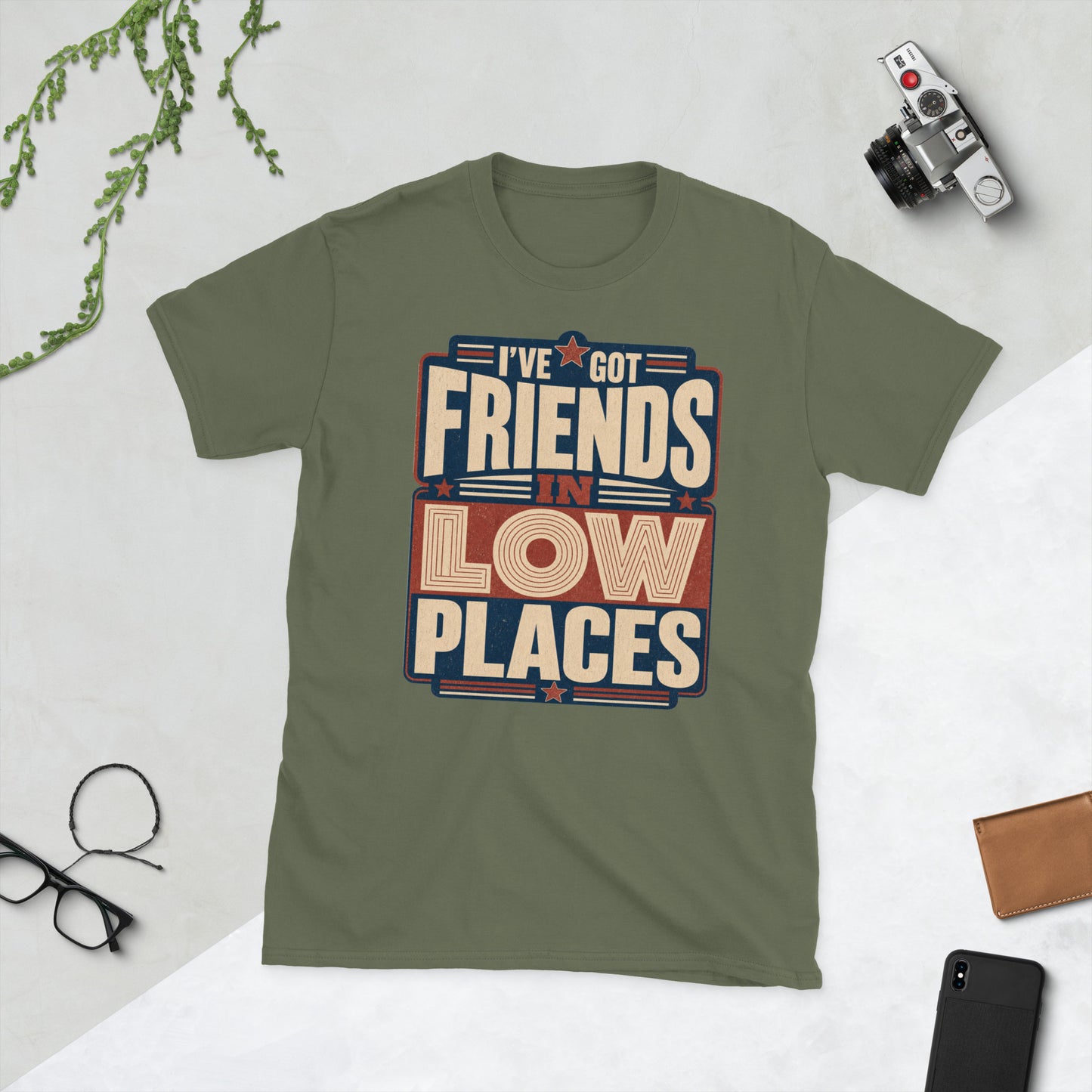 80s Style Friends in Low Places AI art design on Black Gildan t-shirt - Front view