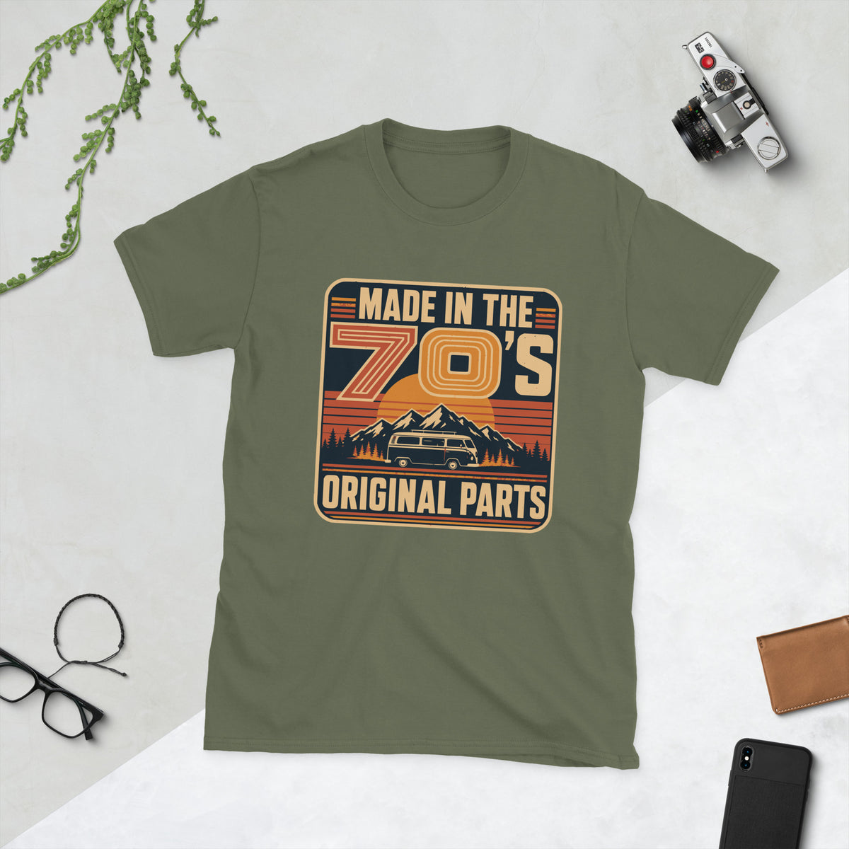 Made in the 70s Campervan T-Shirt AI art design on Black Gildan 64000 t-shirt - Front view