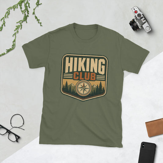 Hiking Retro Adventure T-Shirt AI art design on Black Gildan 64000 t-shirt - Front view