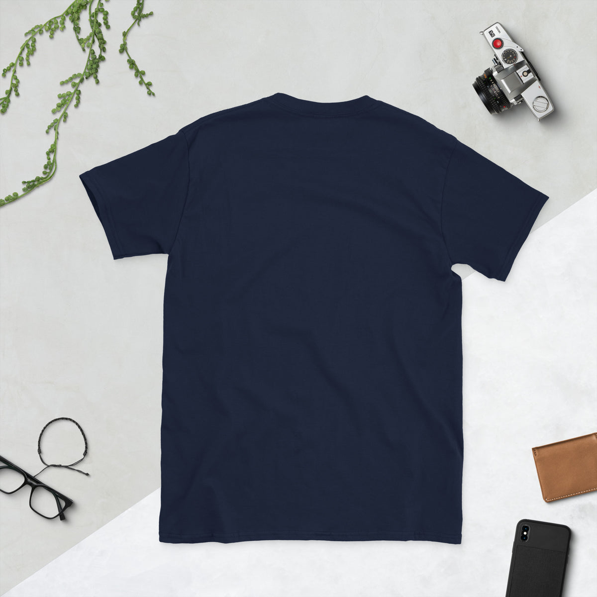 Retro Cat in Low Places AI art design on Navy Gildan 64000 t-shirt - Back view