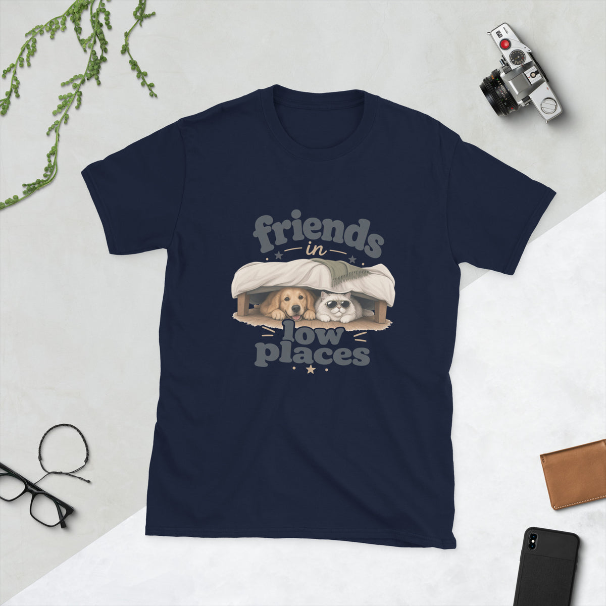 Cat and Dog design on Navy Gildan 64000 t-shirt