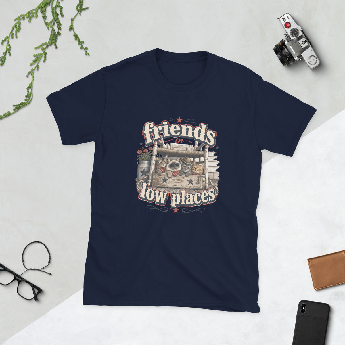 Cats under chair AI art design on Navy Gildan 64000 t-shirt - Front view
