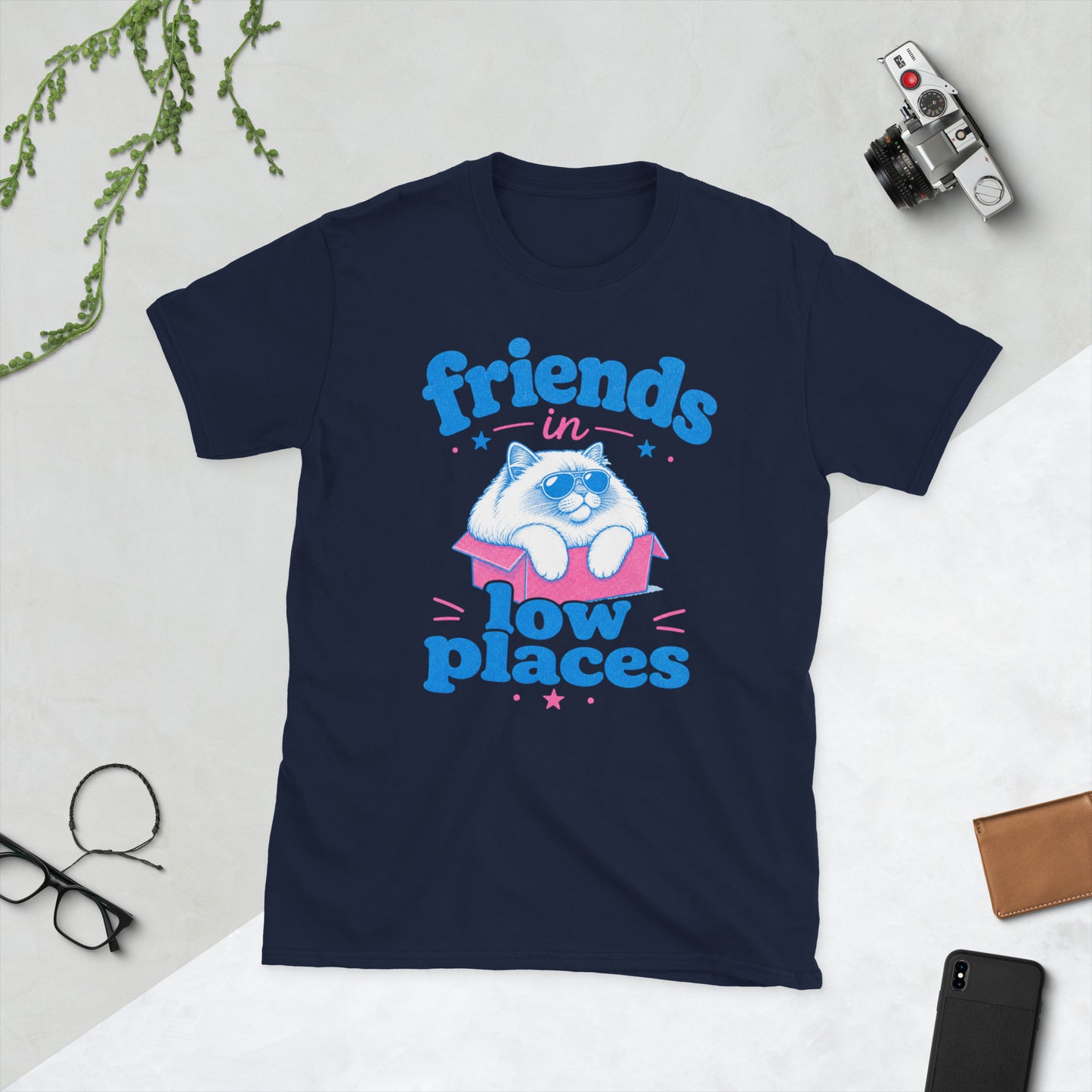 Retro Cat in Low Places AI art design on Navy Gildan 64000 t-shirt - Front view