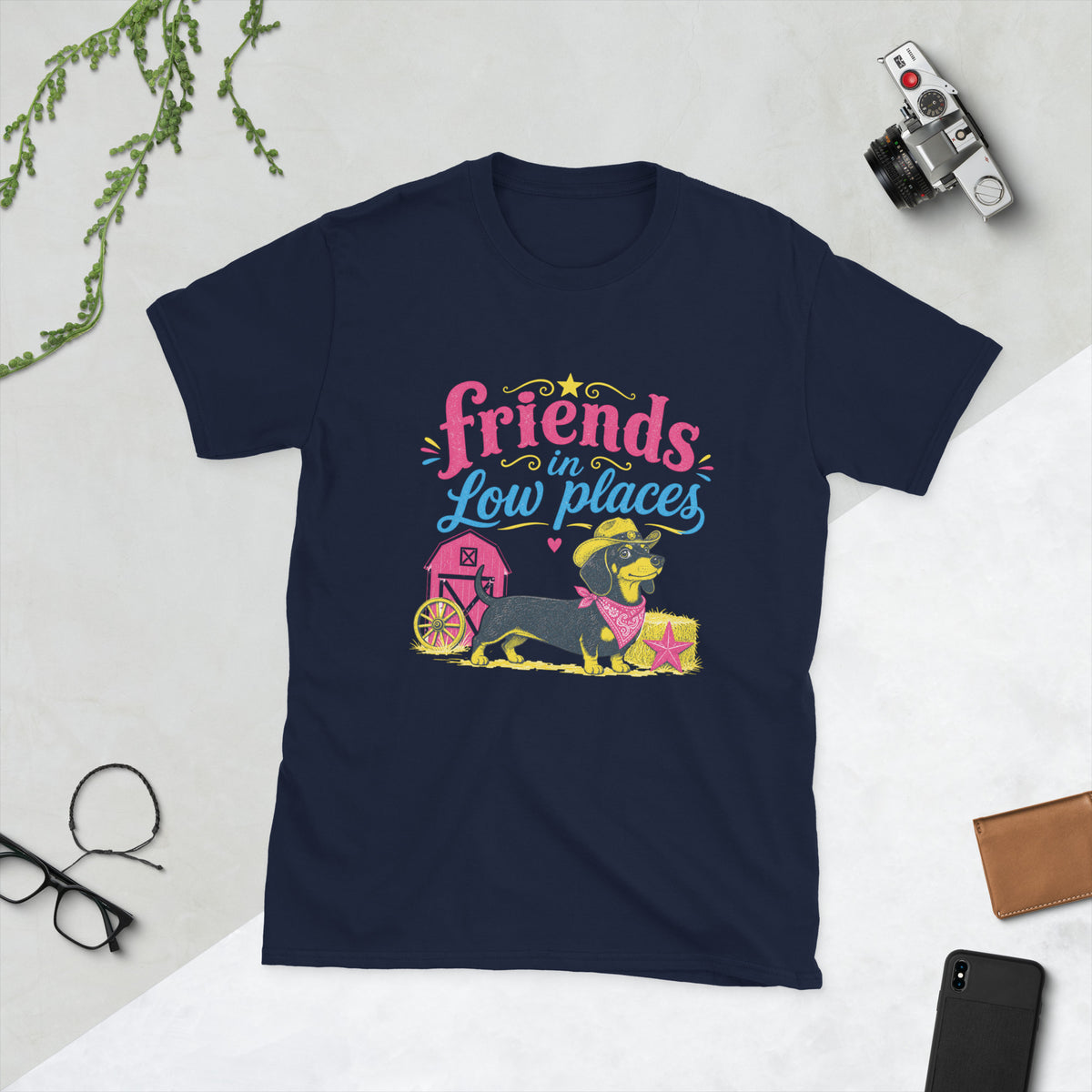 Dachshund Retro AI art design on Navy Gildan t-shirt - Front view