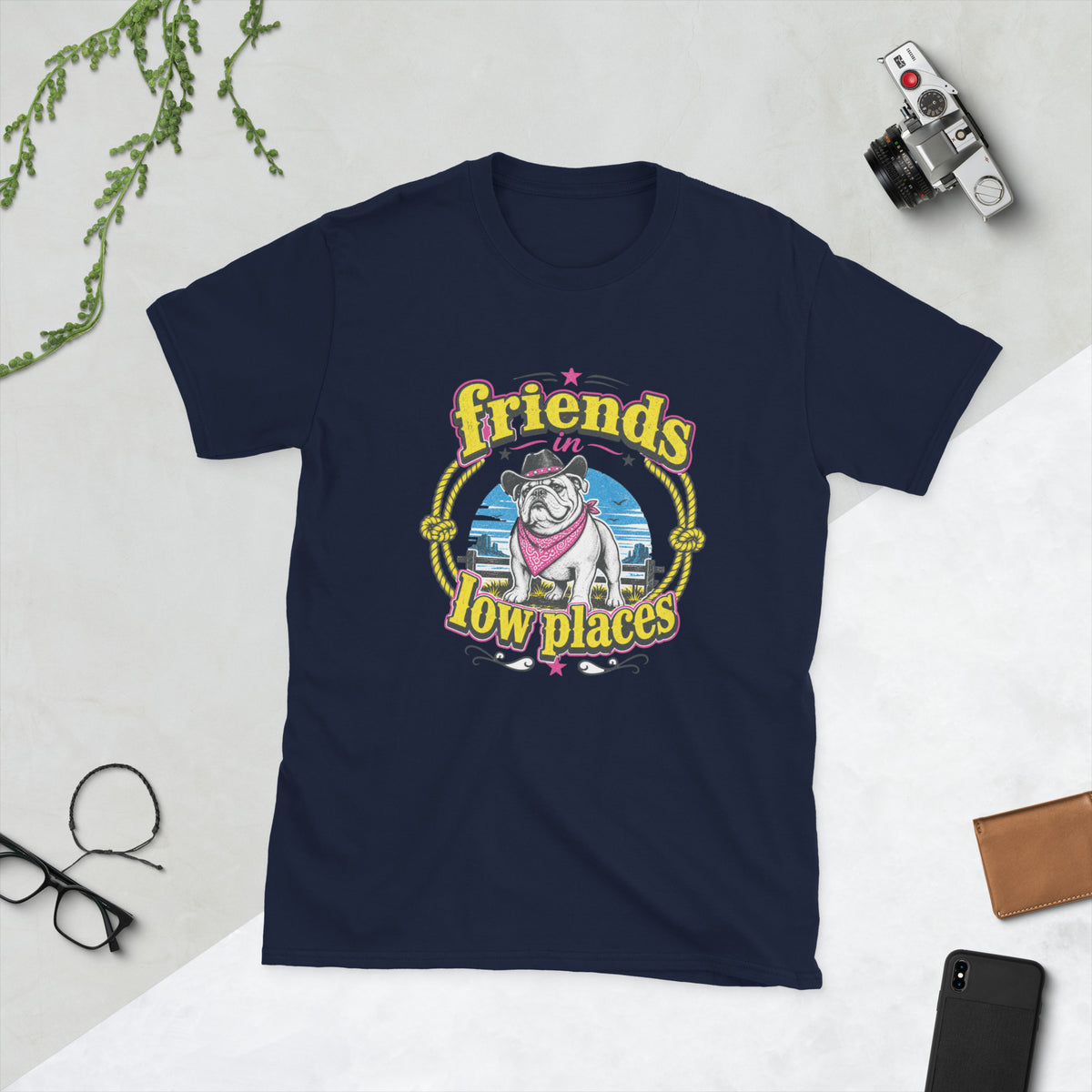 Bulldog Vintage AI art design on Navy Gildan t-shirt - Front view