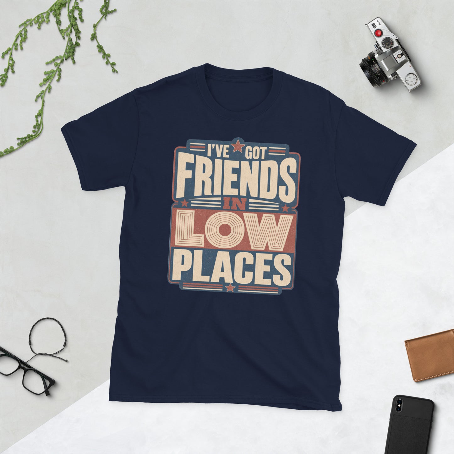 80s Style Friends in Low Places AI art design on Navy Gildan t-shirt - Front view