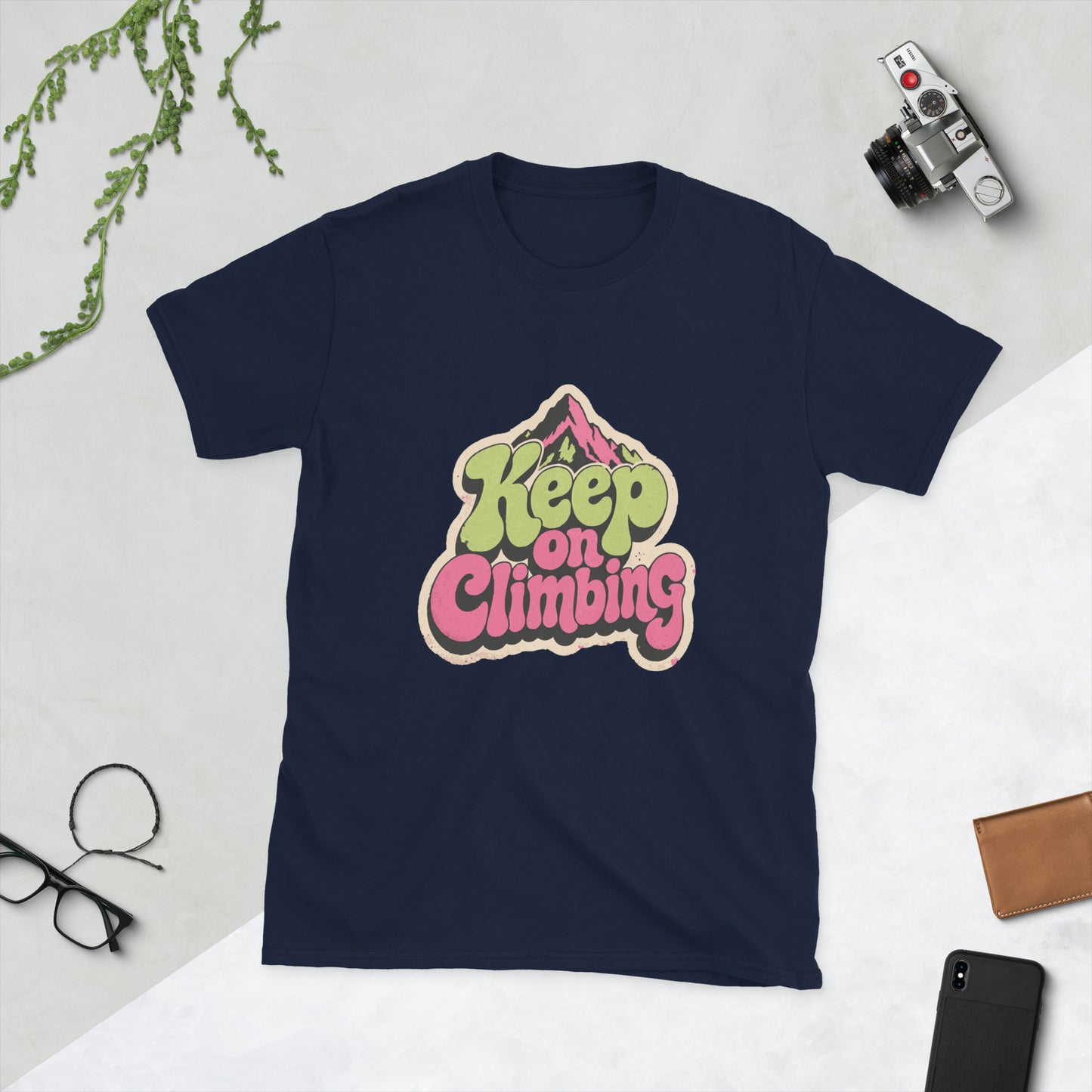 Keep On Climbing T-Shirt AI art design on Navy Gildan t-shirt - Front view