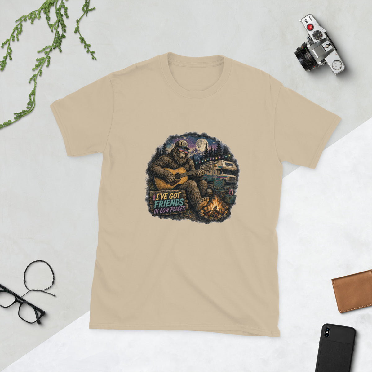 Bigfoot design on Sand Gildan 64000 t-shirt