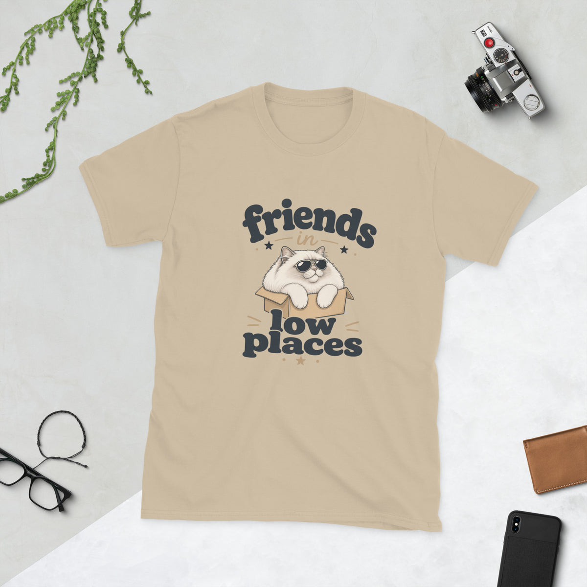Cat in a Box design on Sand Gildan 64000 t-shirt