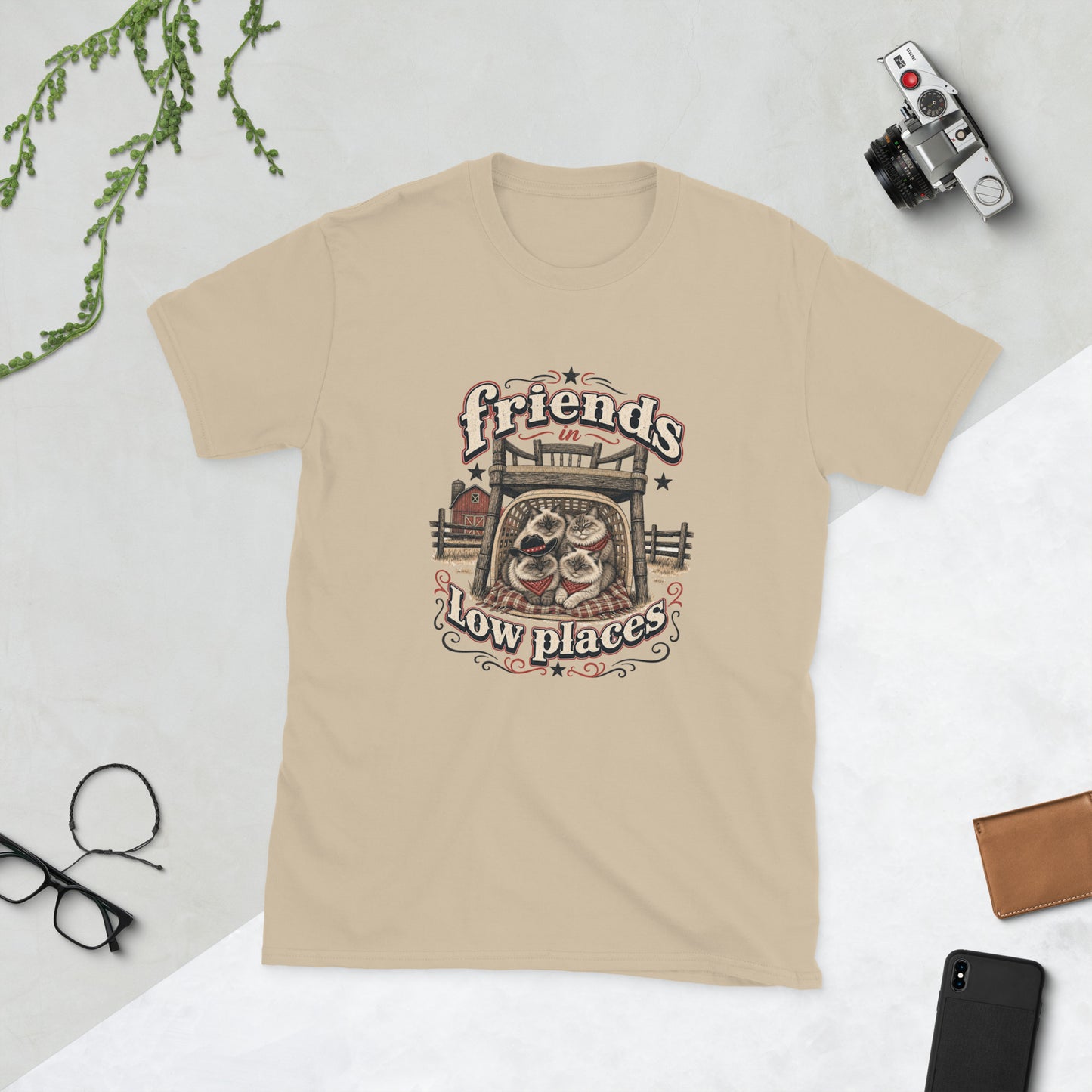 Friends in low places cats AI art design on Sand Gildan 64000 t-shirt - Front view