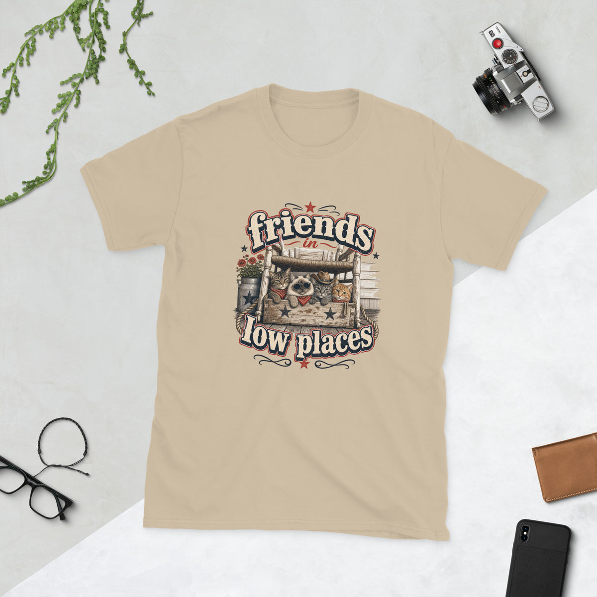 Cats under chair AI art design on Sand Gildan 64000 t-shirt - Front view