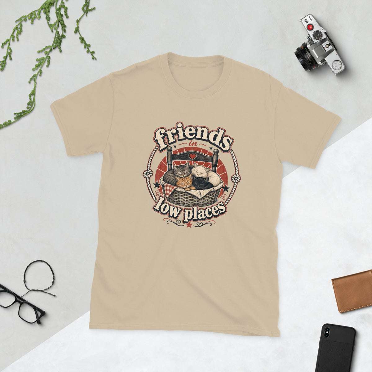 Cats under chair 2 AI art design on Sand Gildan 64000 t-shirt - Front view