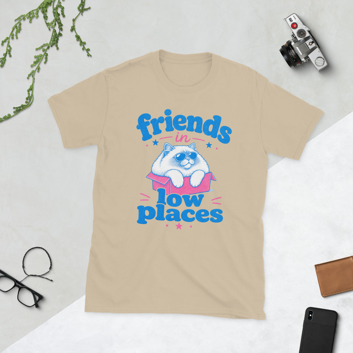 Retro Cat in Low Places AI art design on Sand Gildan 64000 t-shirt - Front view