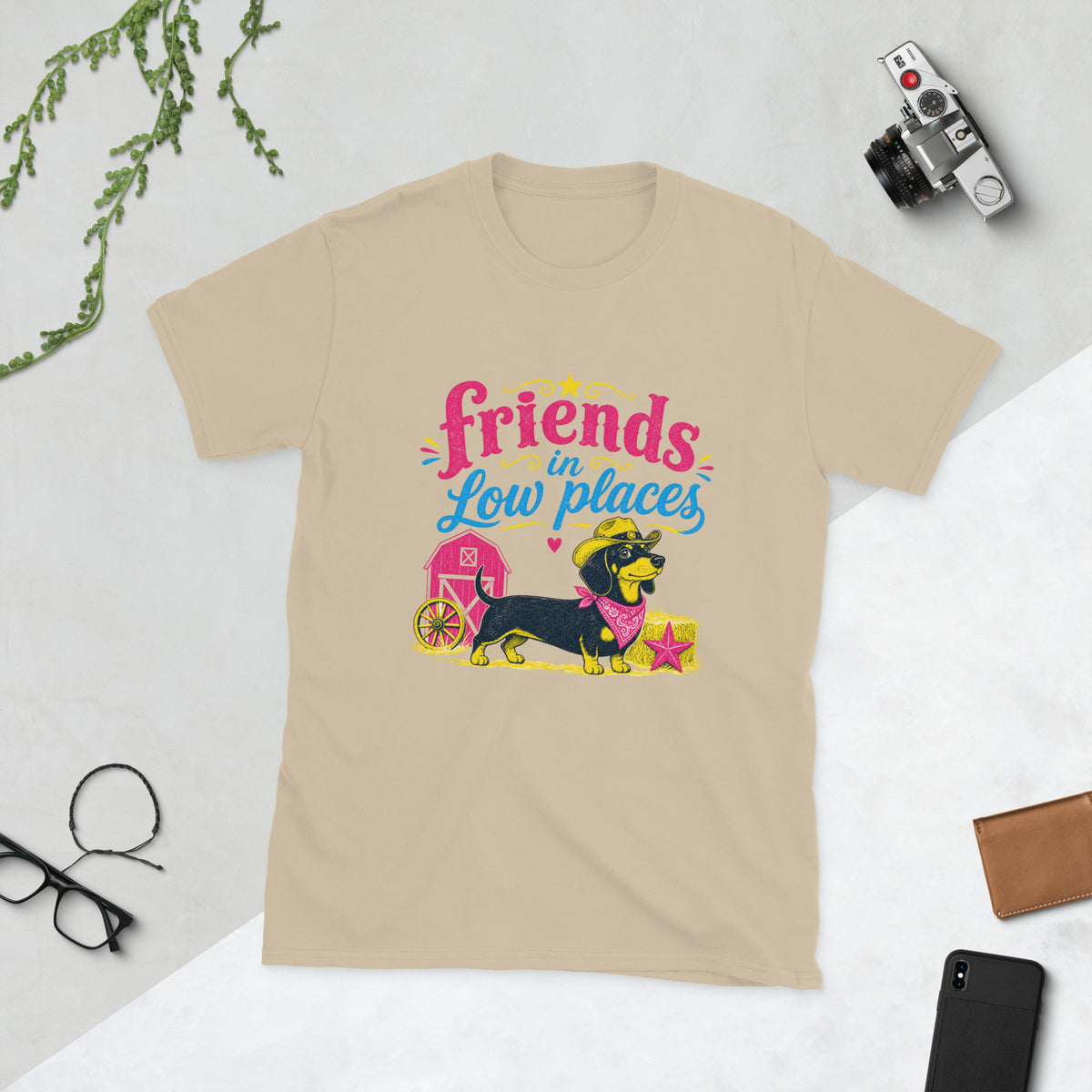 Dachshund Retro AI art design on Sand Gildan t-shirt - Front view