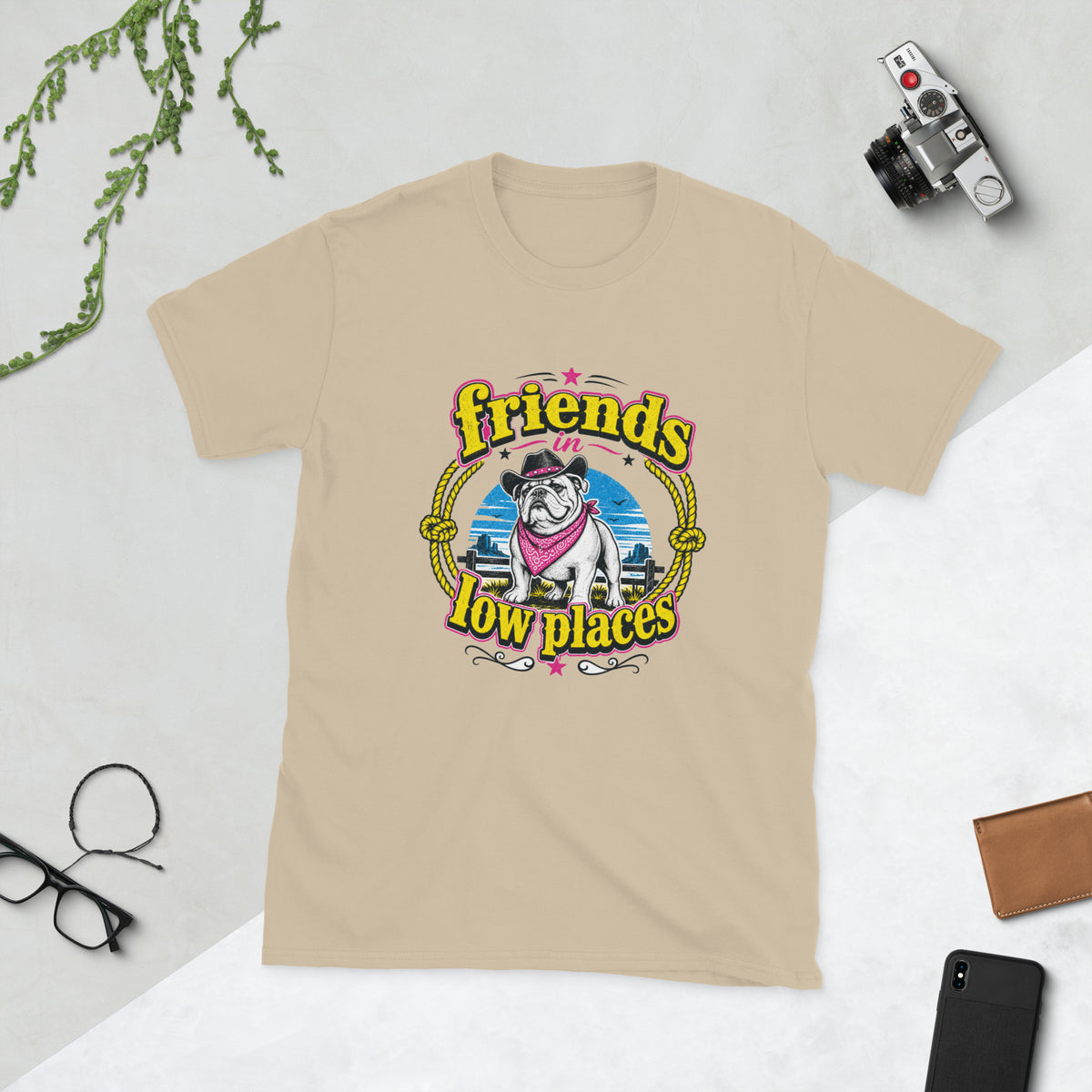 Bulldog Vintage AI art design on Sand Gildan t-shirt - Front view