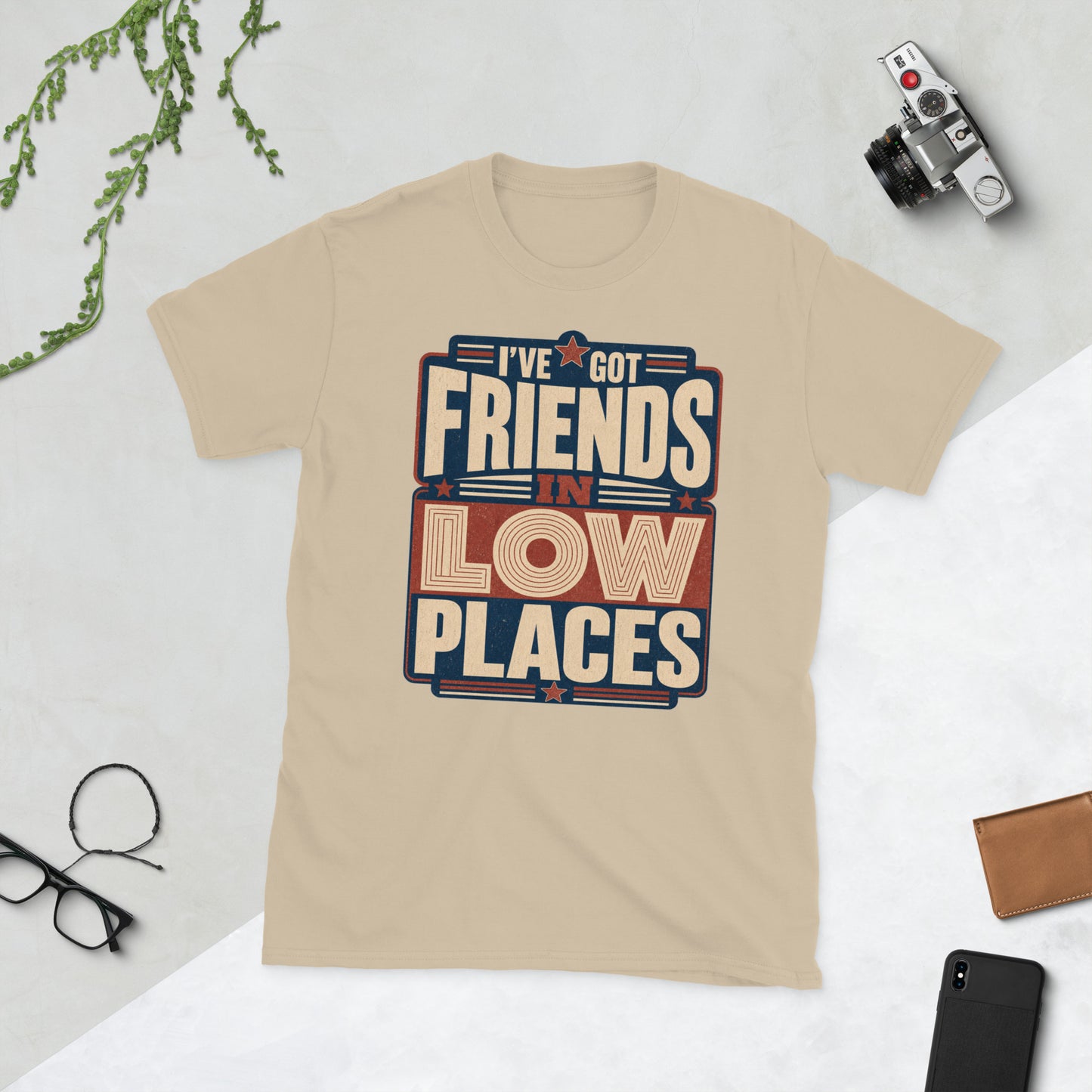 80s Style Friends in Low Places AI art design on Sand Gildan t-shirt - Front view