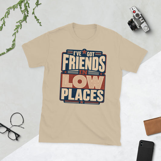 80s Style Friends in Low Places AI art design on Sand Gildan t-shirt - Front view
